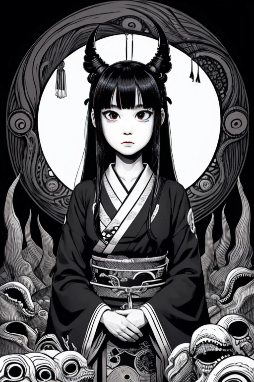 (1 girl:1.2), solo, himecut,traditional japanese clothes, red eyes,cartoon style, joe fenton, a black and white photo of deadpan, camping, unbecoming, gnawling, envy, Ghast (Lovecraftian),calm, soft smile, Wayne Barlowe,, in gochuumon wa usagi desu ka? style, nostalgic