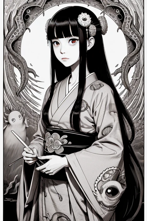 (1 girl:1.2), solo, himecut,traditional japanese clothes, red eyes,cartoon style, joe fenton, a black and white photo of deadpan, camping, unbecoming, gnawling, envy, Ghast (Lovecraftian),calm, soft smile, Wayne Barlowe,, in gochuumon wa usagi desu ka? style, nostalgic