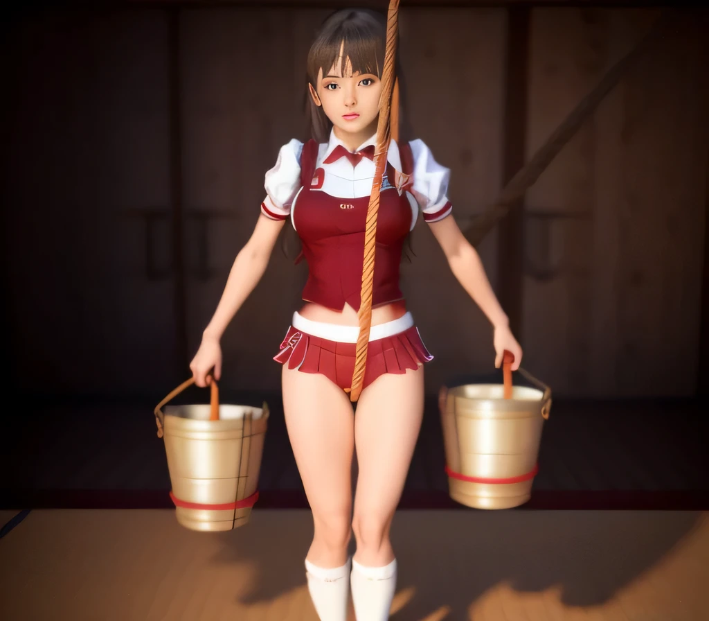 dungeon,Alafed woman in red bloomers holding two buckets and rope,Gym suit, surreal high school girl, surreal high school girl, real high school girl, Photorealistic anime girl rendering, Cute 3d anime girl rendering, gapmoe yandere, yayoi kasuma, humachine humanized experiment, mao hamaguchi, 3D model of Japanese mascot,The rope is digging into the crotch,Knead,nffsw