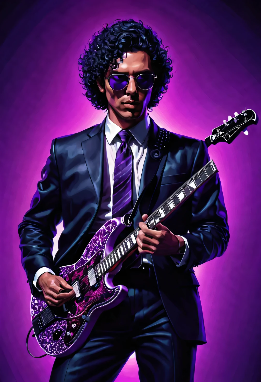 Vector illustration, Minimalism, number, vaporwave style, Beautiful and meticulous illustrations, A little more purple，
A man wearing a black American 1980s crow pattern suit、80s man wearing sunglasses playing electric guitar.,Short black curly hair， dramatic lighting, Trends on ArtStation, Award-winning, Icons are very detailed