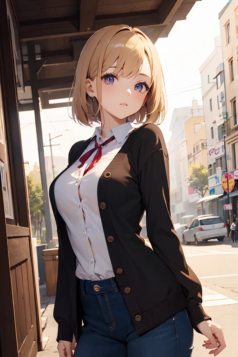 masterpiece, absurdres, best quality, ultra detailed, high Resolution, detailed illustration, extremely beautiful detailed face and eyes, Delicate beautiful face, bright colour, 1girl, cute face, magenta eyes, sparkling eyes, big eyes, medium breasts, (perky breasts:1.1), (pointy breasts:1.1), medium hips, glamorous body, white skin, happy, BREAK, long bob cut, (blonde hair:0.8), messy hair, detailed hair, shiny hair, BREAK cardigan, tiny ribbon, perfect lighting, outdoor,