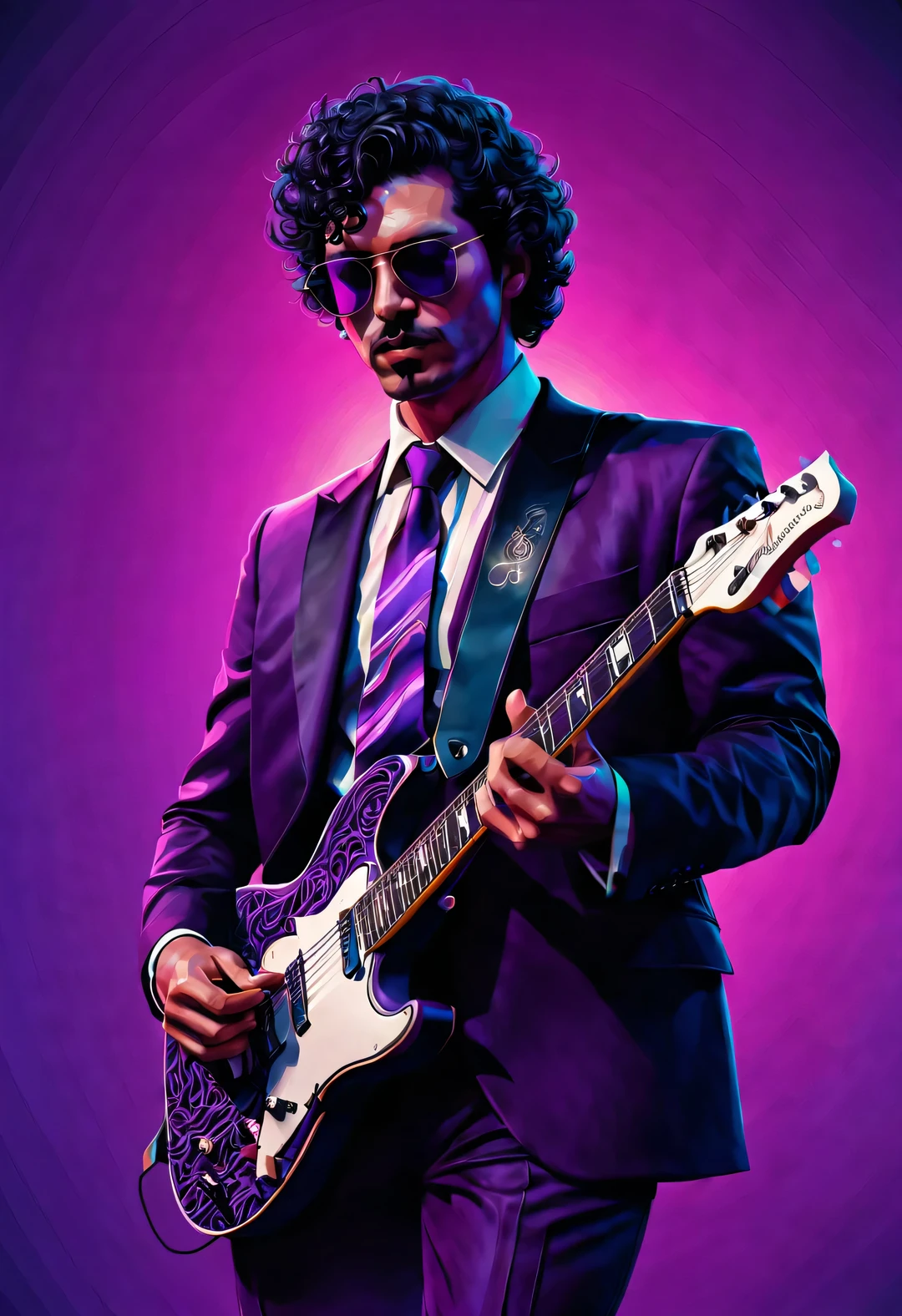 Vector illustration, Minimalism, number, vaporwave style, Beautiful and meticulous illustrations, A little more purple,
A man wearing a black American 1980s crow pattern suit、80s man wearing sunglasses playing electric guitar.,Short black curly hair, dramatic lighting, Trends on ArtStation, Award-winning, Icons are very detailed
