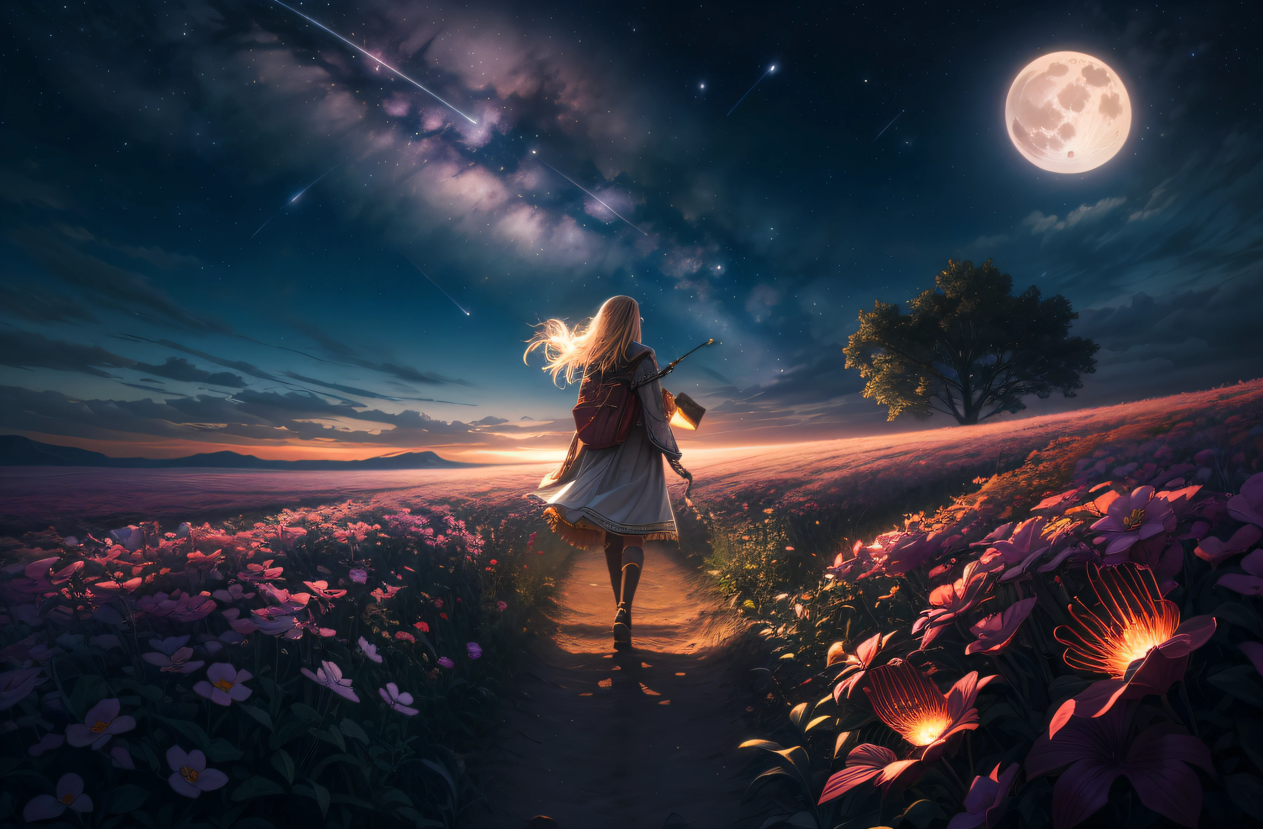 expansive landscape photograph , (a view from below that shows sky above and open field below), a girl standing on flower field looking up, (full moon:1.2), ( shooting stars:0.9), (nebula:1.3), distant mountain, tree BREAK
production art, (warm light source:1.2), (Firefly:1.2), lamp, lot of purple and orange, intricate details, volumetric lighting BREAK
(masterpiece:1.2), (best quality), 4k, ultra-detailed, (dynamic composition:1.4), highly detailed, colorful details,( iridescent colors:1.2), (glowing lighting, atmospheric lighting), dreamy, magical, (solo:1.2)
