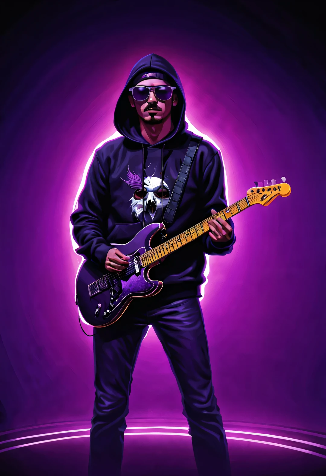 Vector illustration, Minimalism, number, vaporwave style, Beautiful and meticulous illustrations, A little more purple,
a man in the 1980s,Wearing a black hoodie with a crow pattern,wearing sunglasses,Playing electric guitar,, dramatic lighting, Trends on ArtStation, Award-winning, Icons are very detailed