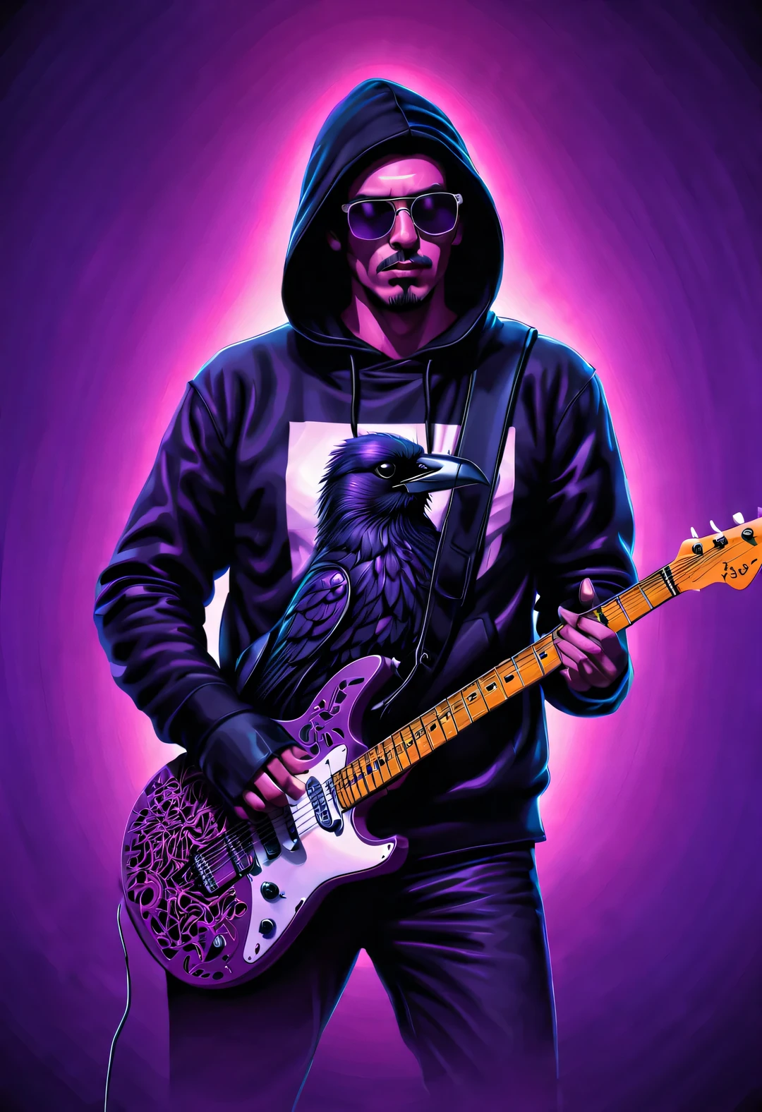 Vector illustration, Minimalism, number, vaporwave style, Beautiful and meticulous illustrations, A little more purple，
a man in the 1980s，Wearing a black hoodie with a crow pattern，wearing sunglasses，Playing electric guitar,, dramatic lighting, Trends on ArtStation, Award-winning, Icons are very detailed