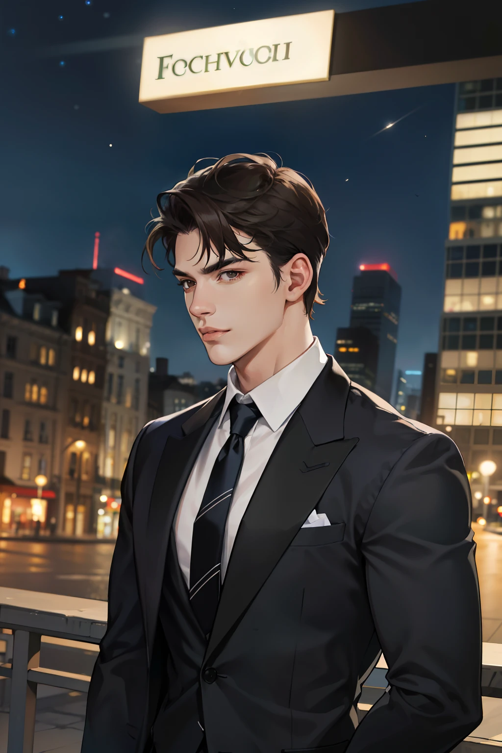 (absurdres, highres, ultra detailed, realistic, ), 1 male, solo, adult, mature, tall muscular guy, broad shoulders, handsome, very short hair, black hair, brown eyes, angular jaw, thick neck, thick eyebrows, night, dark, the night view of the city background, formal suit, necktie, upper body
