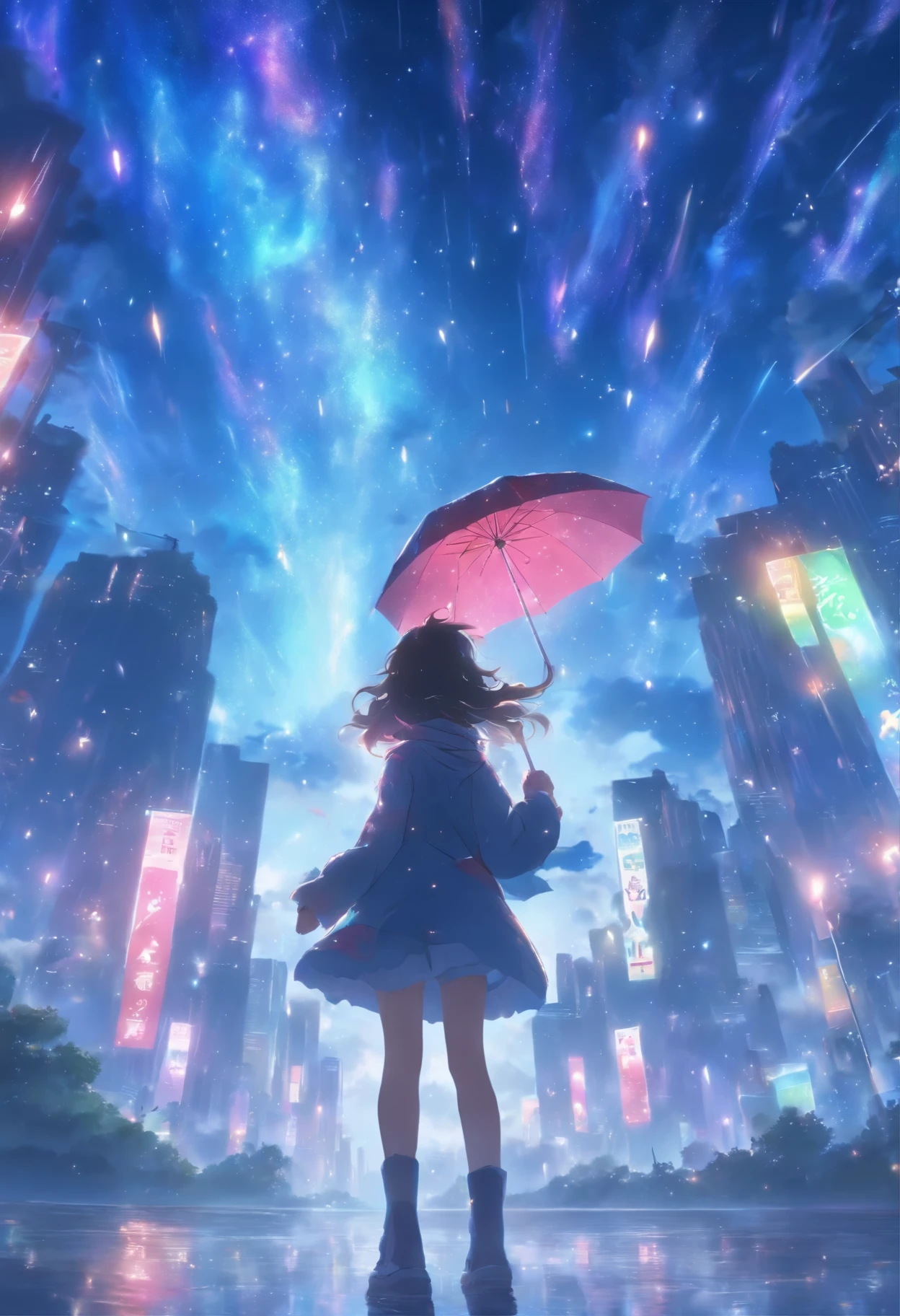 (masterpiece, highest quality: 1.4), girl standing with an umbrella, Rain and umbrella, null, performer (null), landscape, Starry null, night, night, outdoor, building, cloud, milky way, movie scene. A city at night with falling powder snow. Tender time. Spectacular landscape of space and starry null, planets and moon. Rear view, soft expression. Wrapped in the soft winter breeze, it's magical and beautiful. over time. exaggerated identity. powerful yet gentle. Super delicate angle looking up at the earth, 8K 4K modern animation perfect composition, octane number, null, performer (null), scenery, starry null, night, one girl, night null, alone, outdoor, building, cloud, milky way, sitting , long hair, - style of a beautiful null scene with performer and planets, space null. por makoto shinkai, anime art wallpaper 4k, anime art wallpaper 4k, anime art wallpaper 8k, 4k anime wallpaper, anime wallpaper 4k, 4k anime wallpaper, anime null, Amazing wallpapers on paper, anime background, heavenly planets on the background, anime background art,