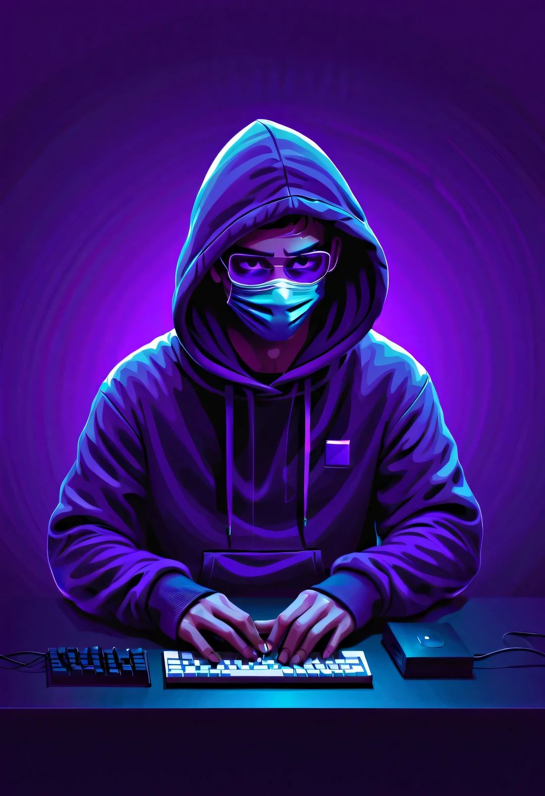 vaporwave style，Vector illustration, Minimalism, number, Beautiful and meticulous illustrations, A little more purple，Hacker wearing hoodie and mask working on computer, T-shirt design,Lamatic Lighting, Trends on ArtStation, Award-winning, icon