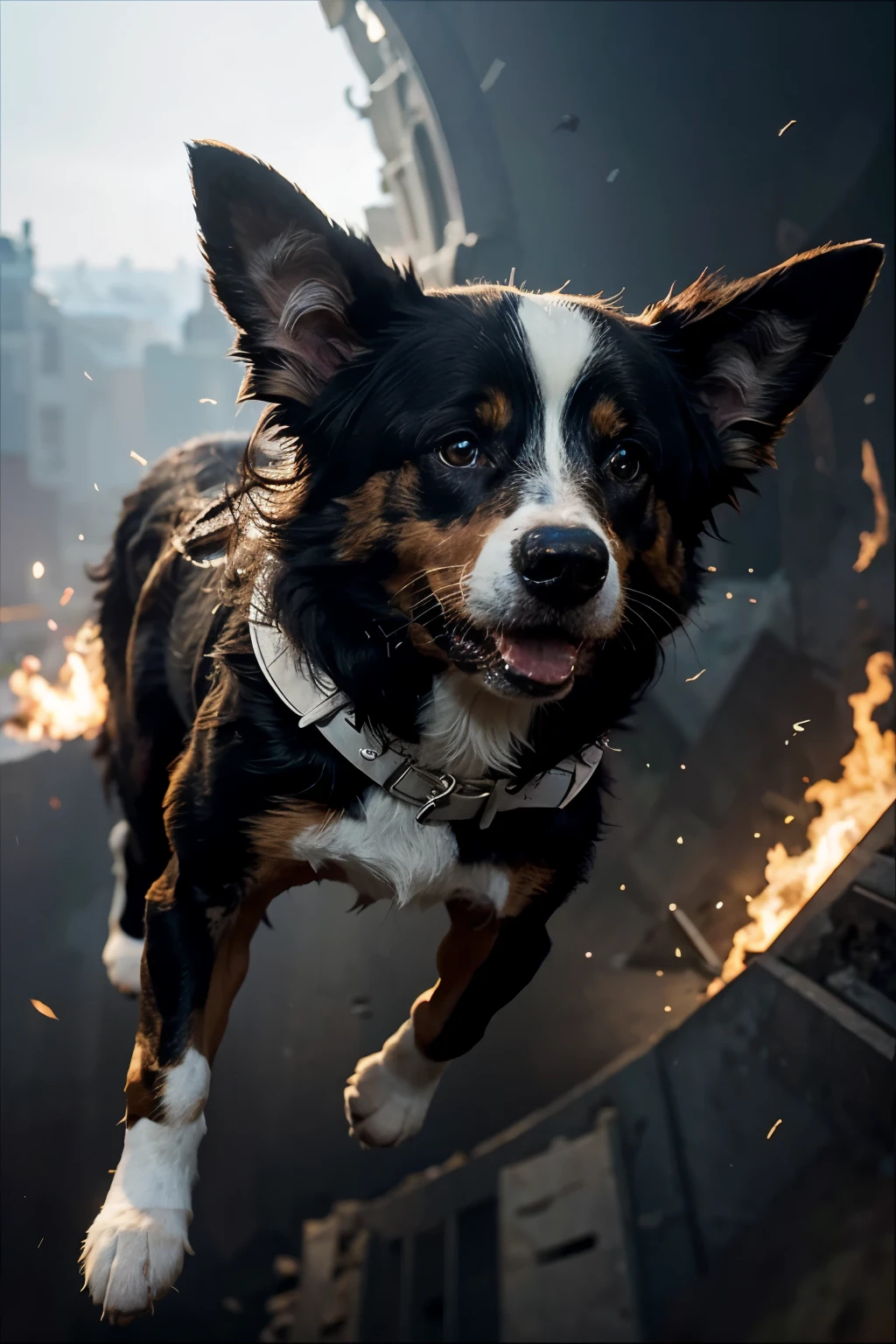 Create a picture of a Border Collie dog as a superhero. Describe the scene where he is flying through the sky, usando uma capa e resgatando animais em perigo. He uses his powers of intelligence and agility to save the day!