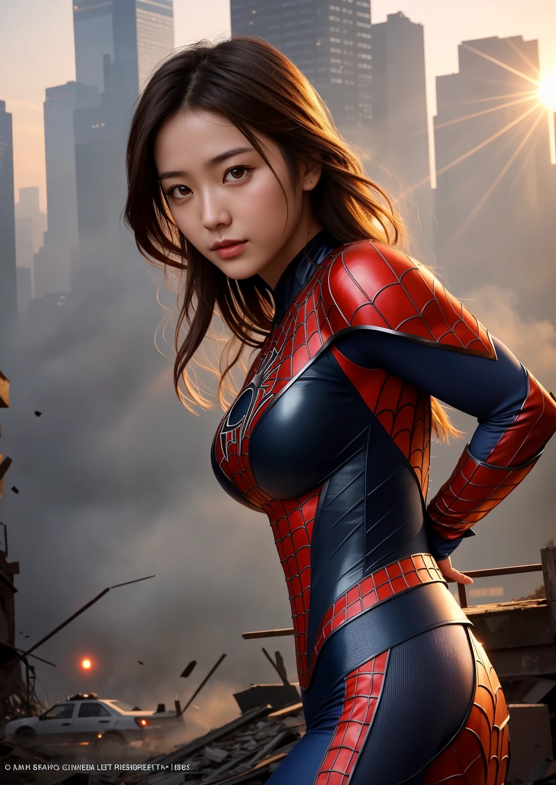 Beautiful half-Japanese-Ukrainian girl in a detailed brown Spider-Man costume., big breasts, Superhero moves, Standing in the ruined city at sunset, very detailed, smoke, Sparks, sunlight, (8ก), realistic, symmetrical, won, movie lightning, juicy, film, 75mm, scratch, Take the whole body, close up, Clothes are torn and dirty., detailed face,