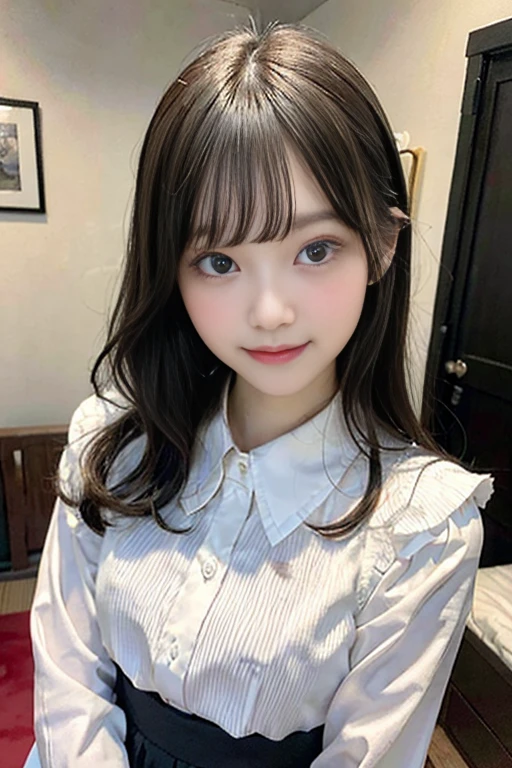 highest quality、masterpiece、slender woman、woman with small breasts、semi-long、princess cut、highly detailed face、very beautiful face、detailed eyes、double eyelid、very cute face、Japanese、beautiful girl、collared shirt、pleated skirt、baby face、１８age、bedroom、night、smile、Looks like fun、Face without makeup