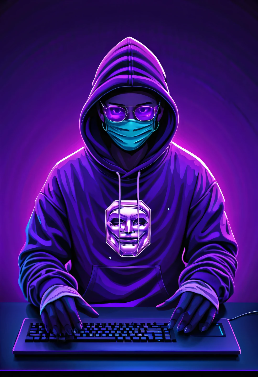 vaporwave style，Vector illustration, Minimalism, number, , Beautiful and meticulous illustrations, A little more purple，Hacker wearing hoodie and mask working on computer, T-shirt design,Lamatic Lighting, Trends on ArtStation, Award-winning, icon