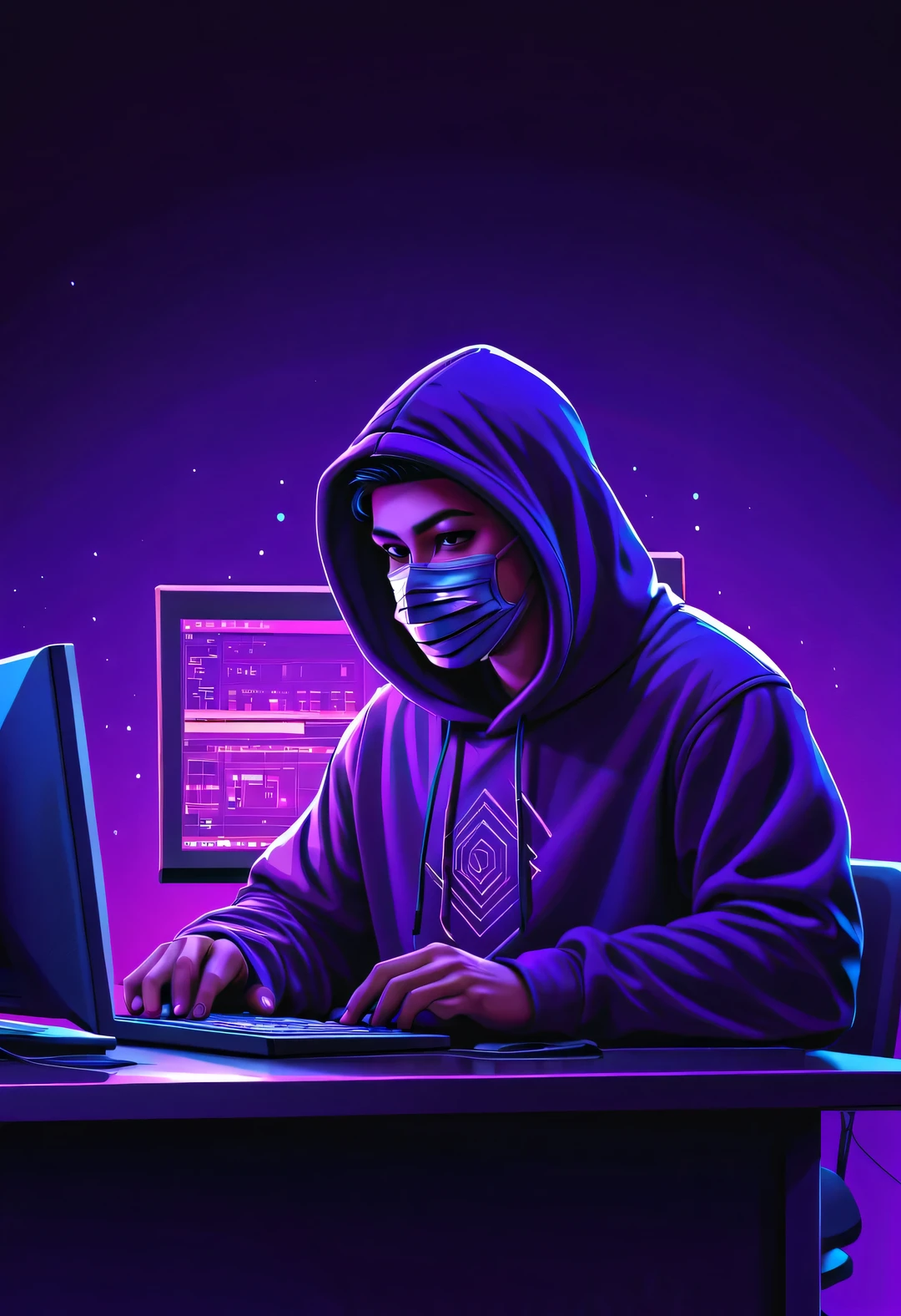 vaporwave style，Vector illustration, Minimalism, number, , Beautiful and meticulous illustrations, A little more purple，Hacker wearing hoodie and mask working on computer, T-shirt design,Lamatic Lighting, Trends on ArtStation, Award-winning, icon