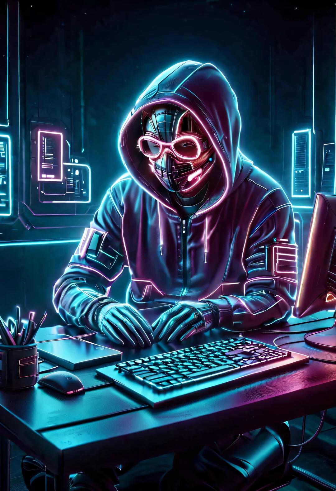 Vector illustration, Minimalism, digital ，vaporwave style, Beautiful detailed，More purple light，
illustration, Hacker wearing hoodie and mask working on computer, T-shirt design, dramatic lighting, Trends on ArtStation, Award-winning, Icons are very detailed