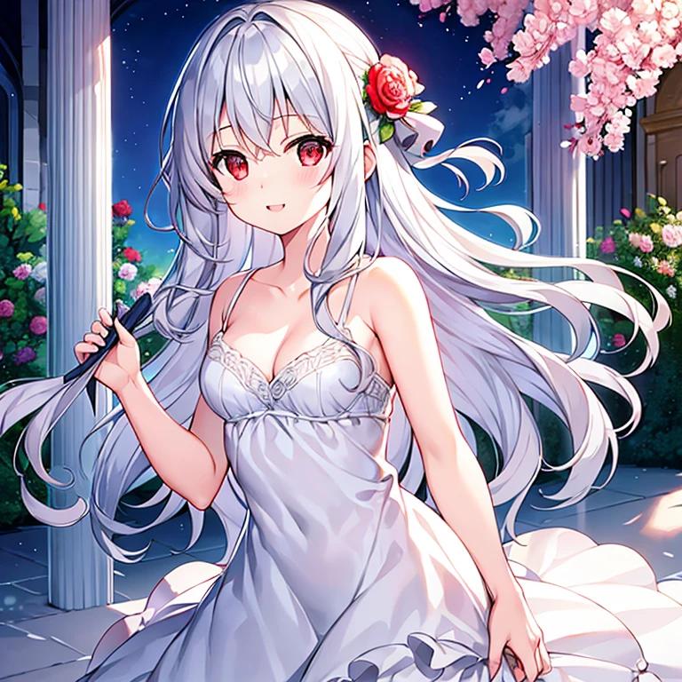 wavy silver hair、red eyes、beautiful girl alone、solo、and soul、I have a bouquet、Completely naked、flower garden、laughter