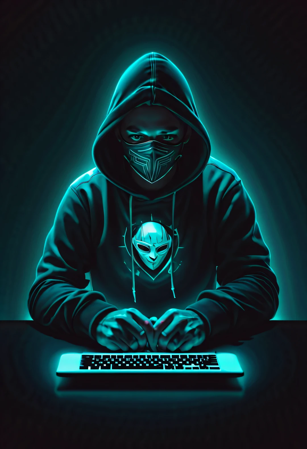 Hacker wearing hoodie and mask working on computer, T-shirt design,Lamatic Lighting, Trends on ArtStation, Award-winning, icon