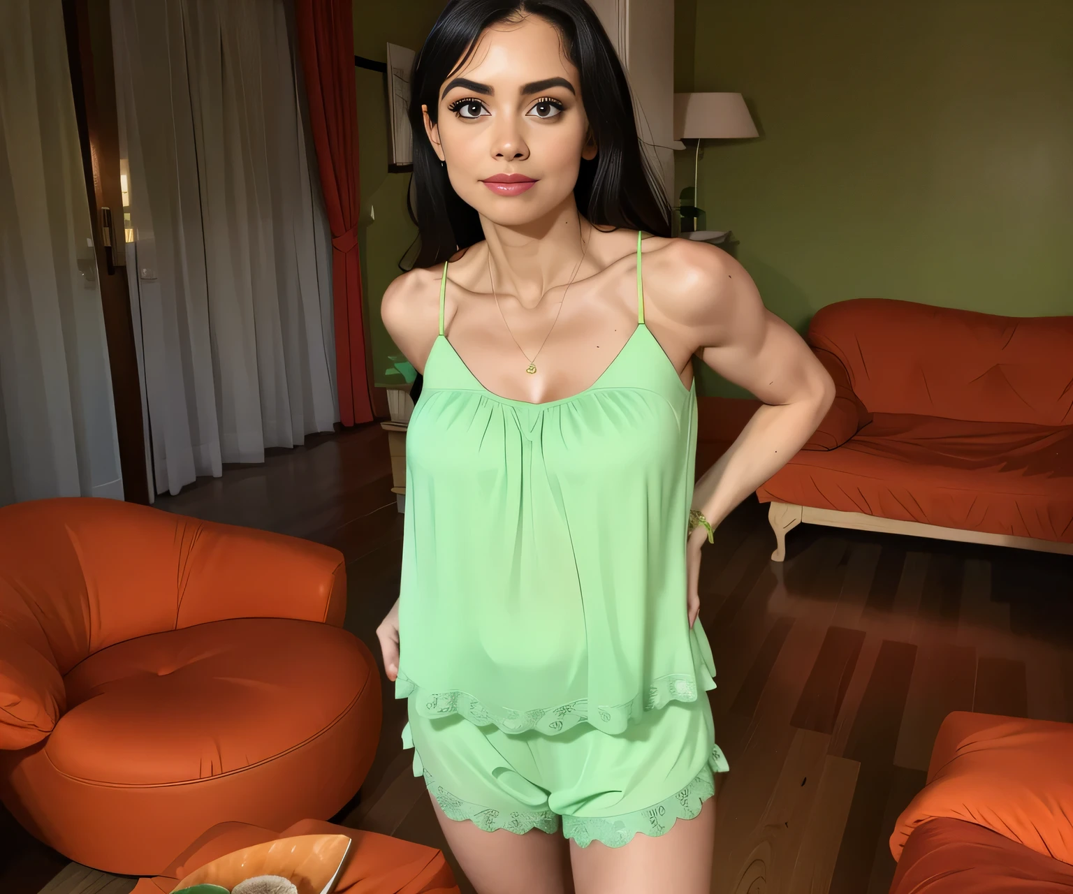 There is a woman standing in a living room, vestindo uma camisola and shorts, roupas verdes, noite!, Mulher de 30 anos do Brasil, o extremamente quente e sexy, verde pastel, posando em um quarto, vestindo uma camisola, (35 anos), 35 anos mulher, pale green glow, noitegown, fit girl, roupa decotada, provocante. alta qualidade, 8k.