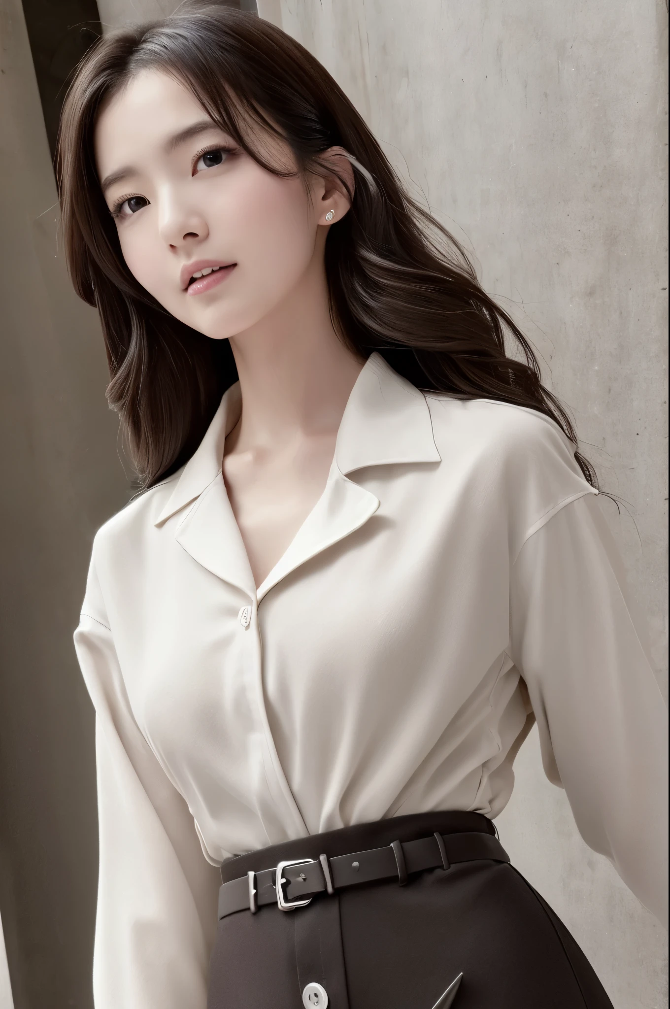 (Best quality, High resolution, Masterpiece :1.3), A Japanese lady, cute face, Slender abs, Dark brown hair styled in loose waves, Small breasts, Very thin waist, Wearing pendant, White button up shirt, Belt, Black skirt, (Modern architecture in background), Details exquisitely rendered in the face and skin texture, Detailed eyes, Double eyelid