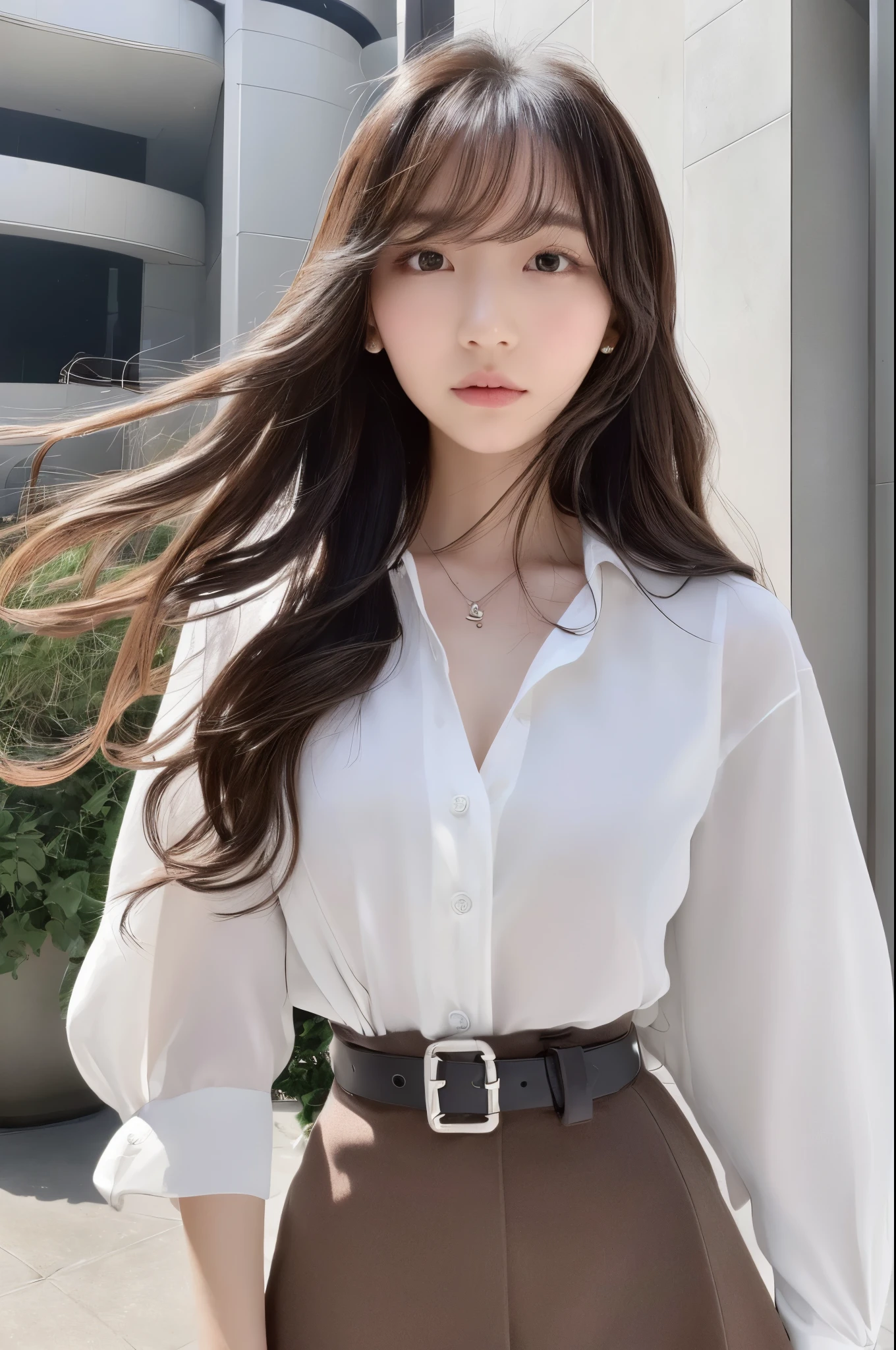 (Best quality, High resolution, Masterpiece :1.3), A Japanese lady, cute face, Slender abs, Dark brown hair styled in loose waves, Small breasts, Very thin waist, Wearing pendant, White button up shirt, Belt, Black skirt, (Modern architecture in background), Details exquisitely rendered in the face and skin texture, Detailed eyes, Double eyelid