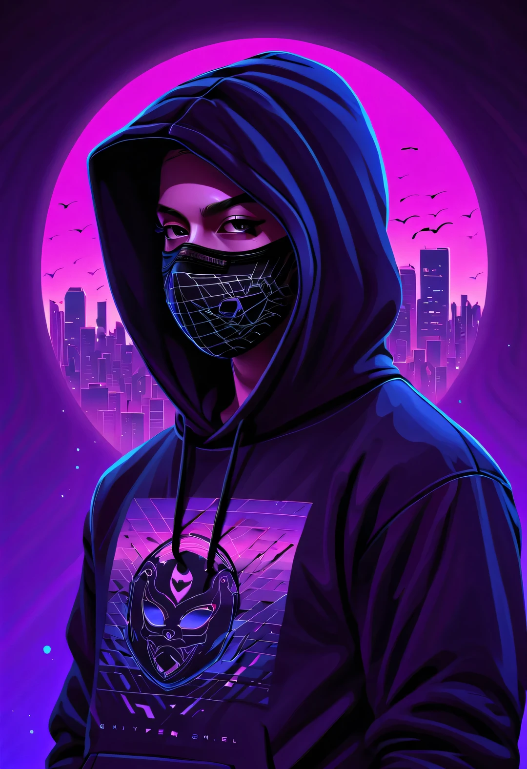 Vector illustration, Minimalism, number, vaporwave style, Beautiful and meticulous illustrations, A little more purple，
（Wearing a black hoodie with a crow pattern、Hacker wearing mask working in front), T-shirt design, dramatic lighting, Trends on ArtStation, Award-winning, Icons are very detailed