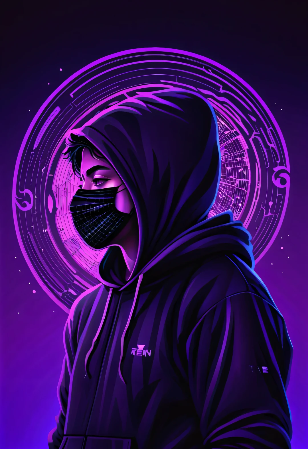 Vector illustration, Minimalism, number, vaporwave style, Beautiful and meticulous illustrations, A little more purple，
Hacker wearing black hoodie with raven pattern and face mask working in front, T-shirt design, dramatic lighting, Trends on ArtStation, Award-winning, Icons are very detailed