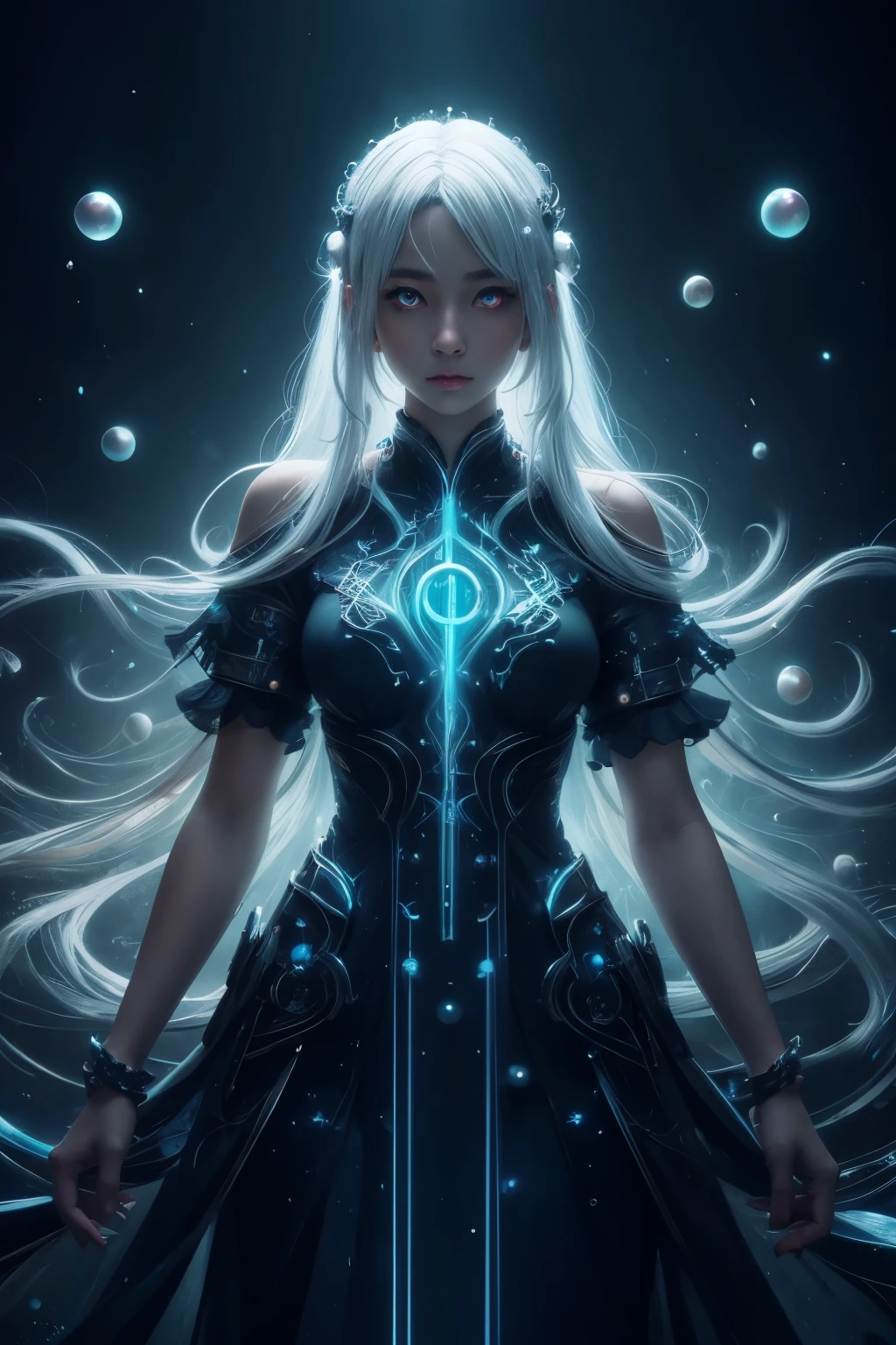 ((upper body)), best quality, masterpiece, a Japanese woman with ((Luminescence white hair)), ((detailed pearl blue eye)), high detailed goddess soul, focus on character, solo, (style swirl magic), solo, from front, front view, looking at viewer, detailed face, ((Luminescence Lighting Magic Circle theme)), perched on a ledge, tight neon body, light streaks, dark abyssal wanderer abstract, ((Simple Luminescence Neon Gown)), inscribed with mystical runes, outdoor dystopian background,