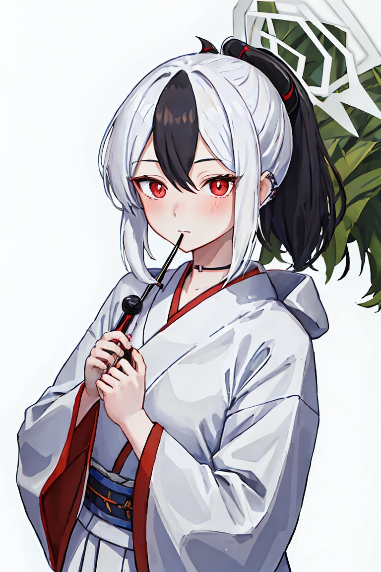 best quality, masterpiece, high resolution, alone, {white kimono:1.35}, {Red hakama:1.35}, {wide sleeves:1.20}, {kayoko_bluearchive:1.15}, Black_hair, multicoloRed_hair, white_hair, trumpet, two-color_hair, Red_Eye, Bangs, halo, punching, hair_between_Eye, ear_punching, closure_Mouth, ponytail, blush, earclip, hoodie, Black_hoodie, superior_Body, long_hair