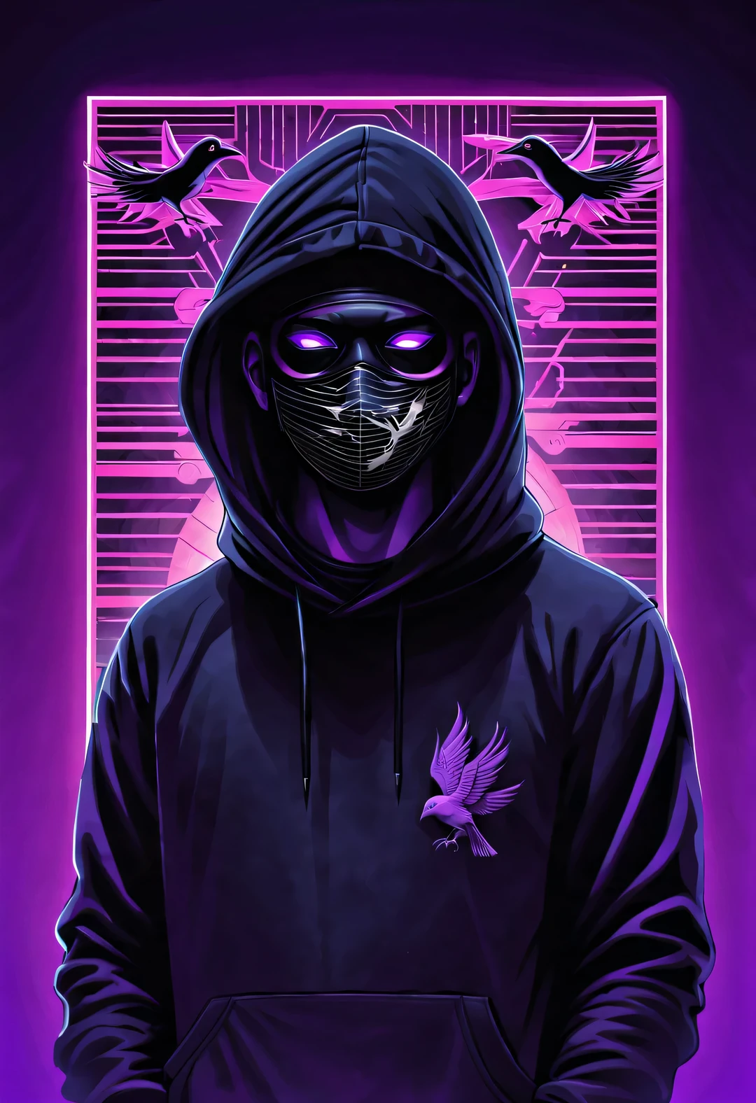 Vector illustration, Minimalism, number, vaporwave style, Beautiful and meticulous illustrations, A little more purple,
Wearing a black crow pattern hoodie,Hacker working in front wearing mask, T-shirt design, dramatic lighting, Trends on ArtStation, Award-winning, Icons are very detailed