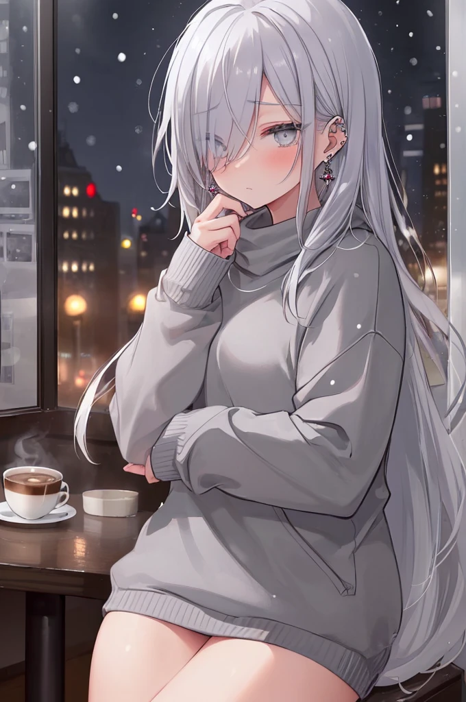 ((masterpiece:1.4, best quality:1.2)), 1girl, solo focus, beautiful skin, blush, grey sweatshirt, long white hair, grey eyes, sitting, earrings, Hands piercing, coffee shop window, night, snowing, cityscape, tall female, beautiful and delicate female, comfy ambience, {detailed background}, hair over one eye, shy, sexy, naked,