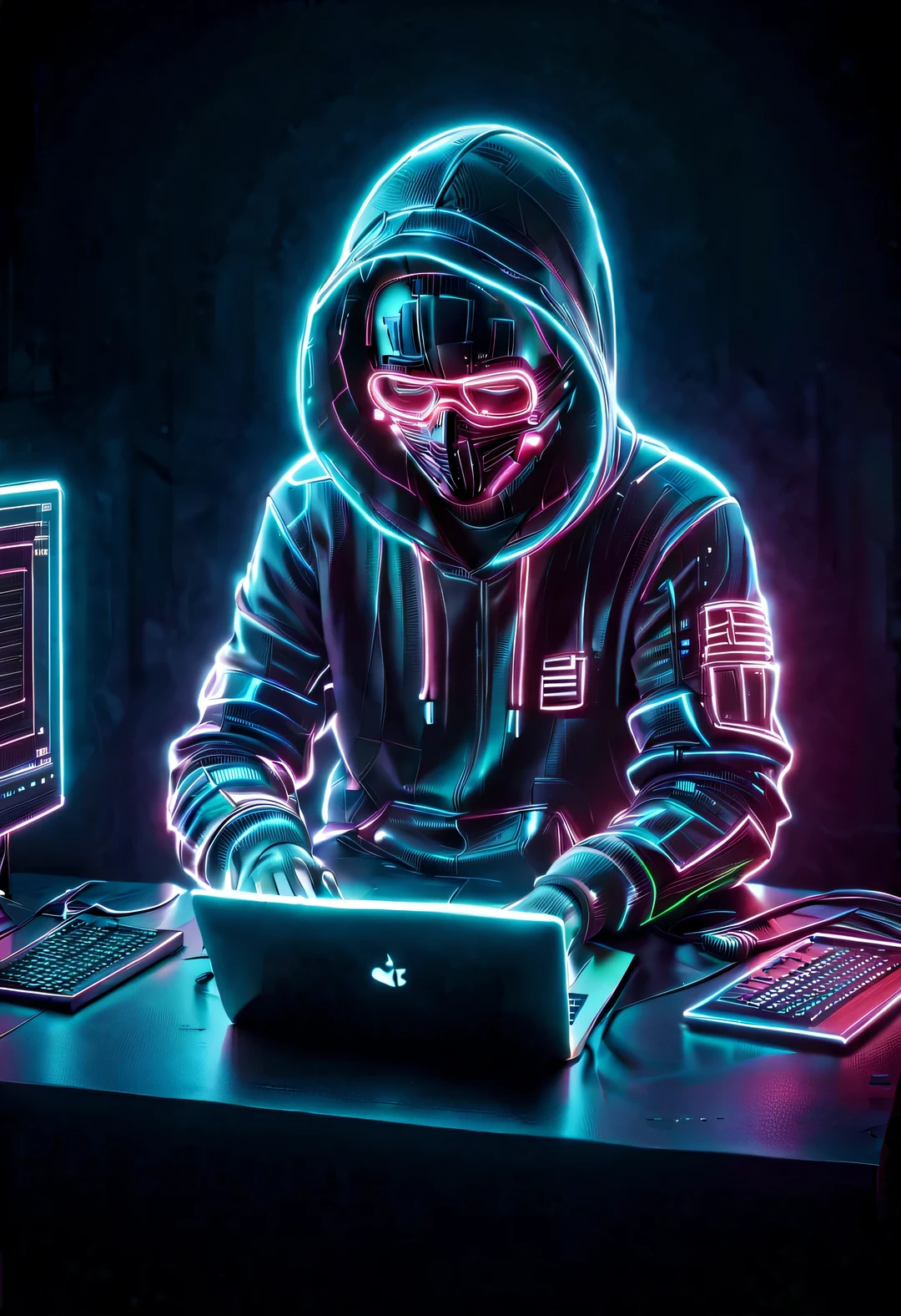 Vector illustration, Minimalism, digital ,vaporwave style, Beautiful detailed illustrations, Hacker wearing hoodie and mask working on computer, T-shirt design, dramatic lighting, Trends on ArtStation, Award-winning, Icons are very detailed