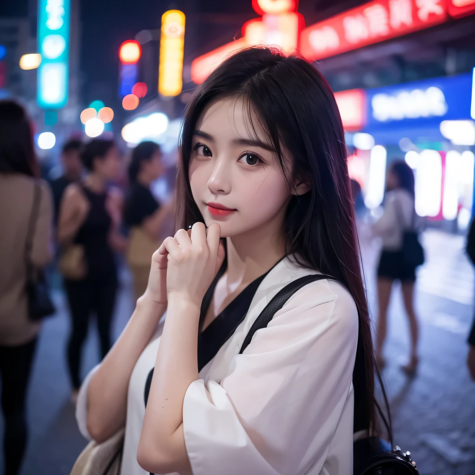 25-year-old pure and sweet girl, Shanghai night street, depth of field horizontal screen