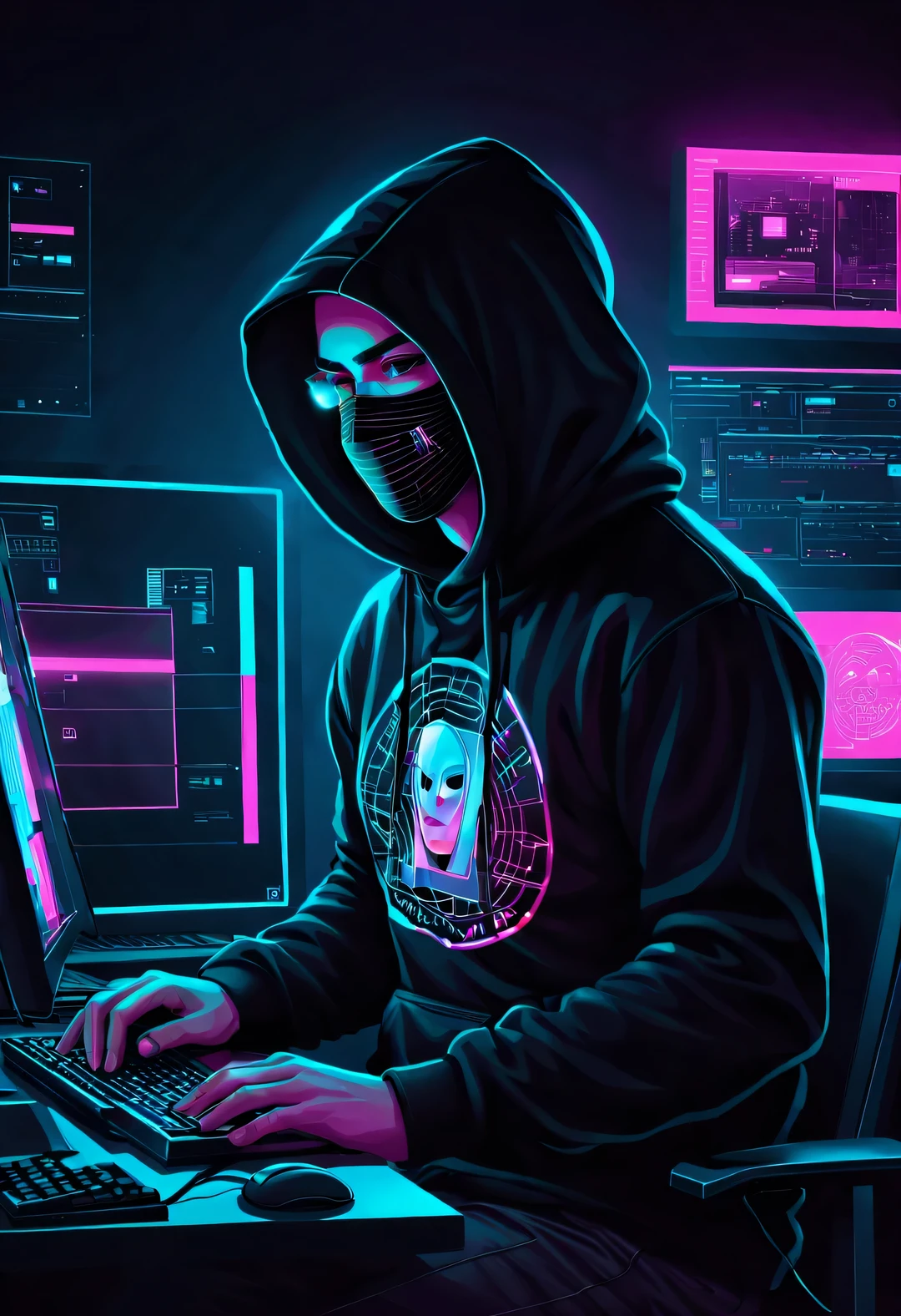 Vector illustration, Minimalism, digital ，vaporwave style, Beautiful detailed illustrations, Hacker wearing black hoodie and mask working on computer, T-shirt design, dramatic lighting, Trends on ArtStation, Award-winning, Icons are very detailed.