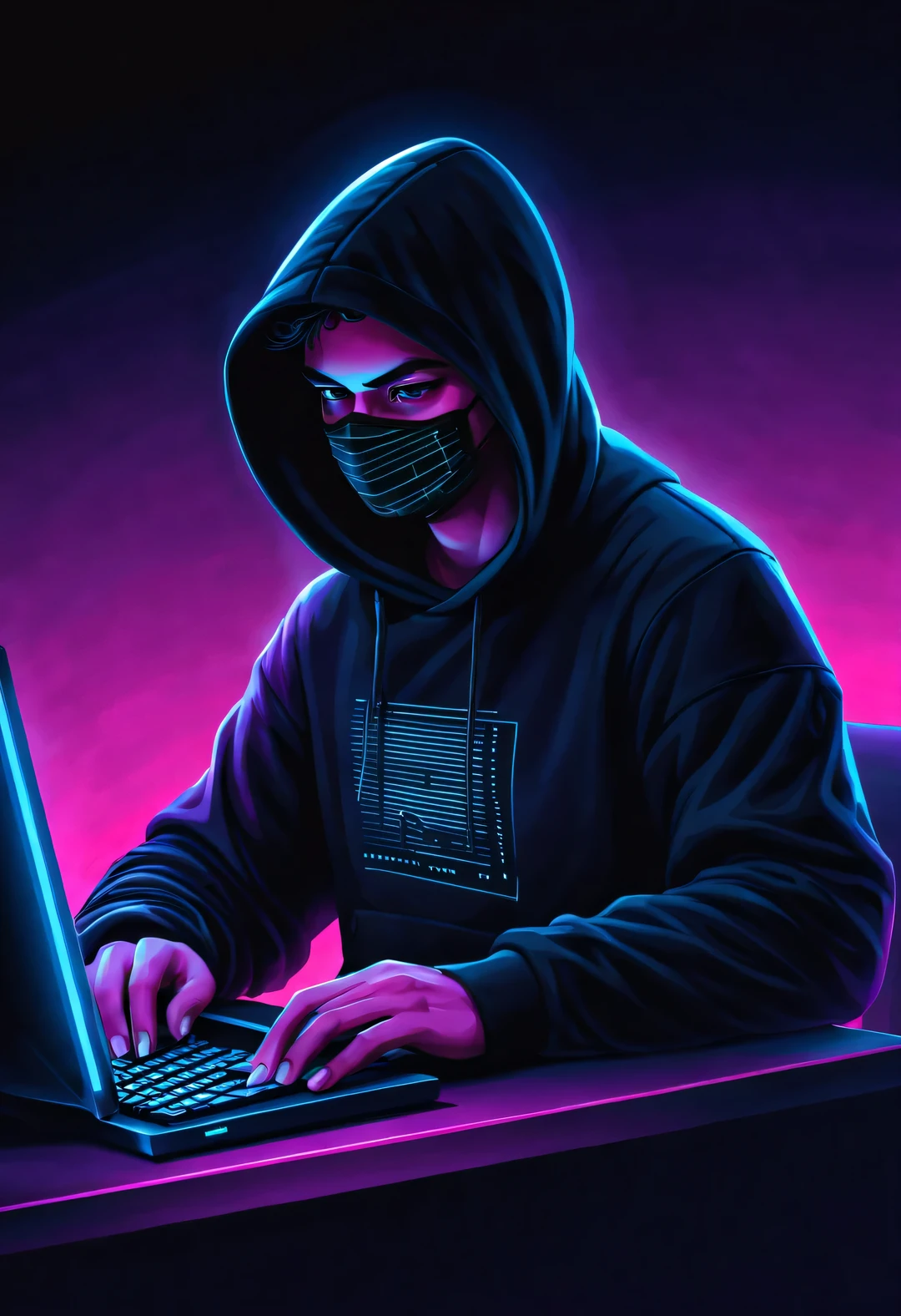 Vector illustration, Minimalism, digital ,vaporwave style, Beautiful detailed illustrations, Hacker wearing black hoodie and mask working on computer, T-shirt design, dramatic lighting, Trends on ArtStation, Award-winning, Icons are very detailed.