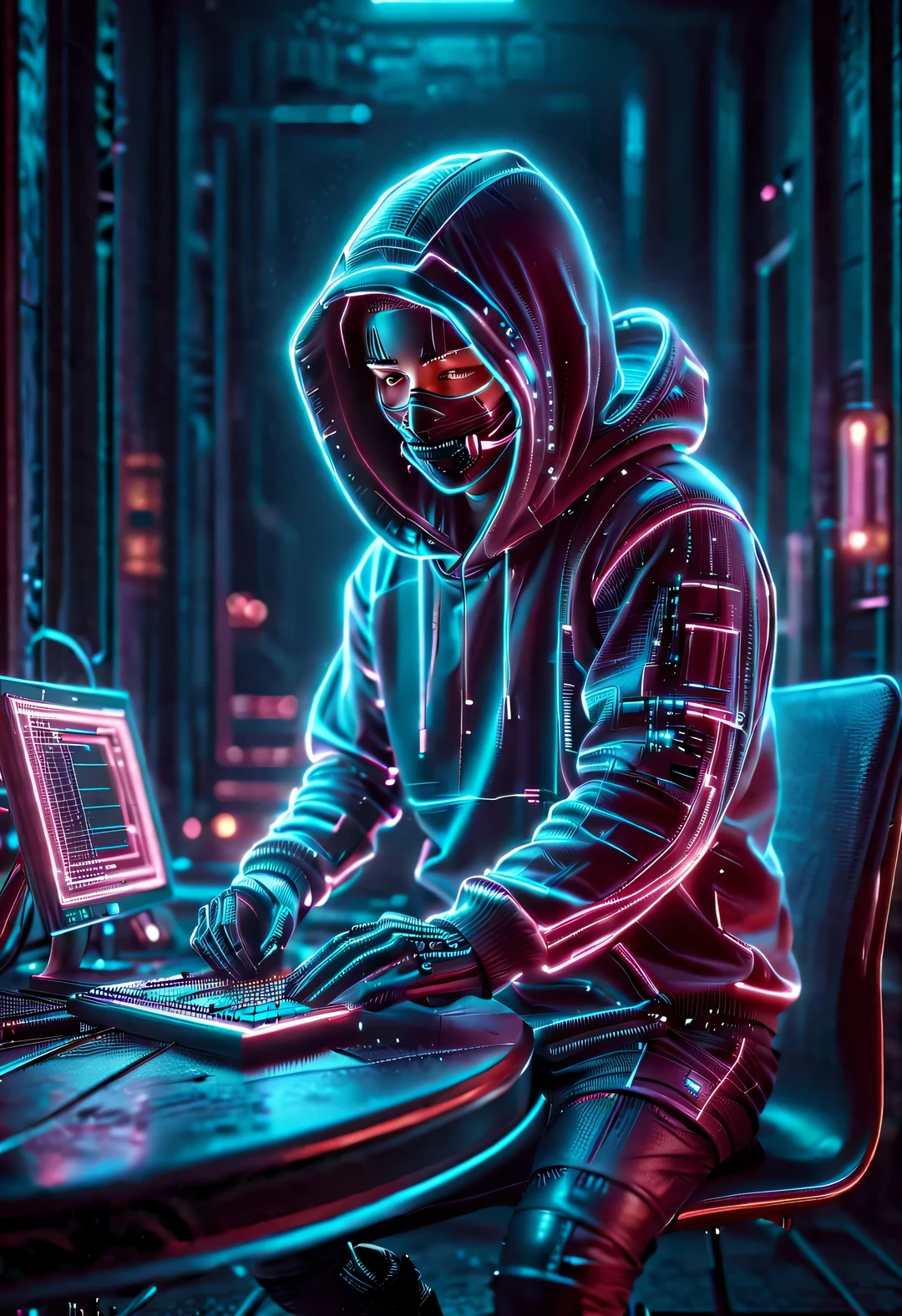 Vector illustration, Minimalism, digital ，vaporwave style, Beautiful detailed illustrations, Hacker wearing hoodie and mask working on computer, T-shirt design, dramatic lighting, Trends on ArtStation, Award-winning, Icons are very detailed