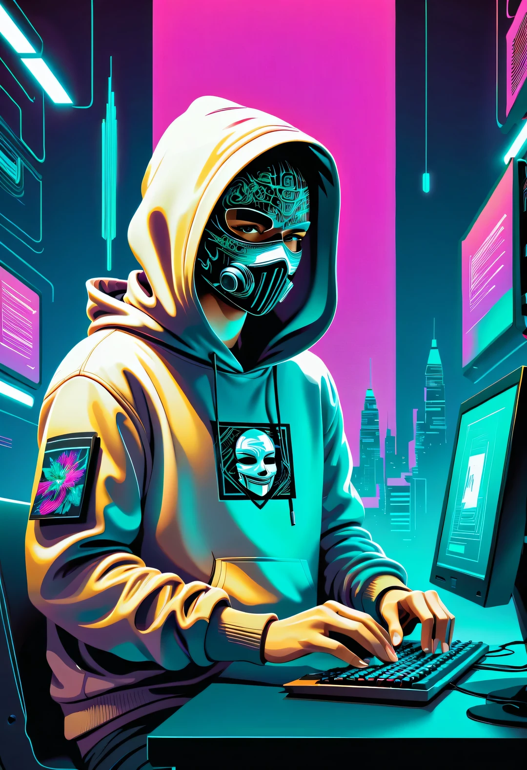 Vector illustration, Minimalism, digital ，vaporwave style, Beautiful detailed illustrations, Hacker wearing hoodie and mask working on computer, T-shirt design, dramatic lighting, Trends on ArtStation, Award-winning, Icons are very detailed