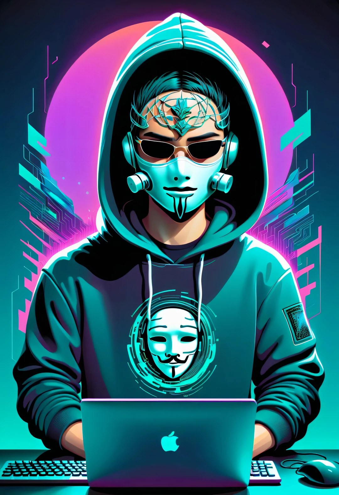 Vector illustration, Minimalism, digital ，vaporwave style, Beautiful detailed illustrations, Hacker wearing hoodie and mask working on computer, T-shirt design, dramatic lighting, Trends on ArtStation, Award-winning, Icons are very detailed