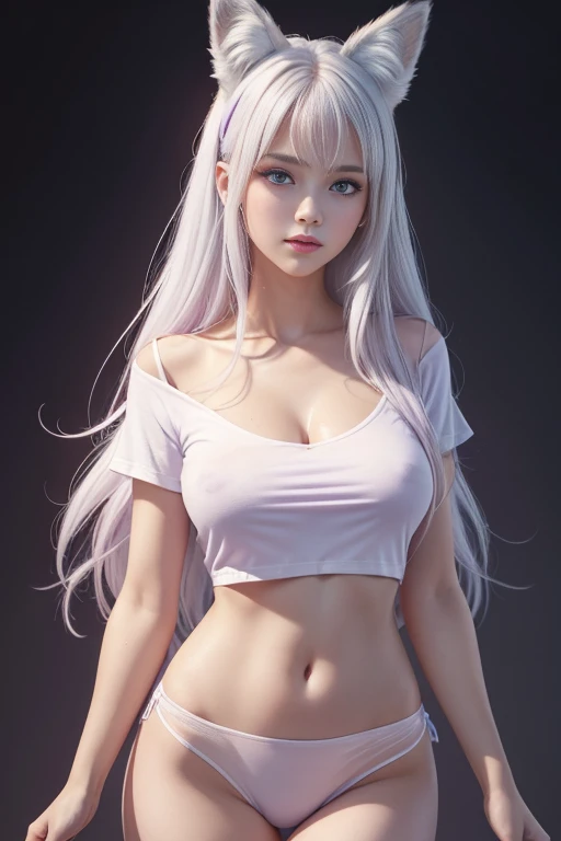 1 Girl, Medium Tits, Starry Eyes, (8k, RAW Photo, High Sensitivity, Best Quality, Masterpiece, Ultra High Resolution, Realism: 1.25), Blush, (Very Detailed CG Unity 8k Wallpaper, Best Quality, High Resolution: 1.2), (ultra_detailed, UHD: 1.2), Perfect Lighting, Unique, (1 Girl: 1.4), (Pretty Girl: 1.2), Unreal Engine, Side Light, White Hair, Fox Ears, Purple Eyes, Perfect Face, Detailed Face, Perfect Body, Beautiful Eyes, Beautiful Face, (Bright Skin: 1.4), Idol, (Full Body), Red T-shirt, Transparent,