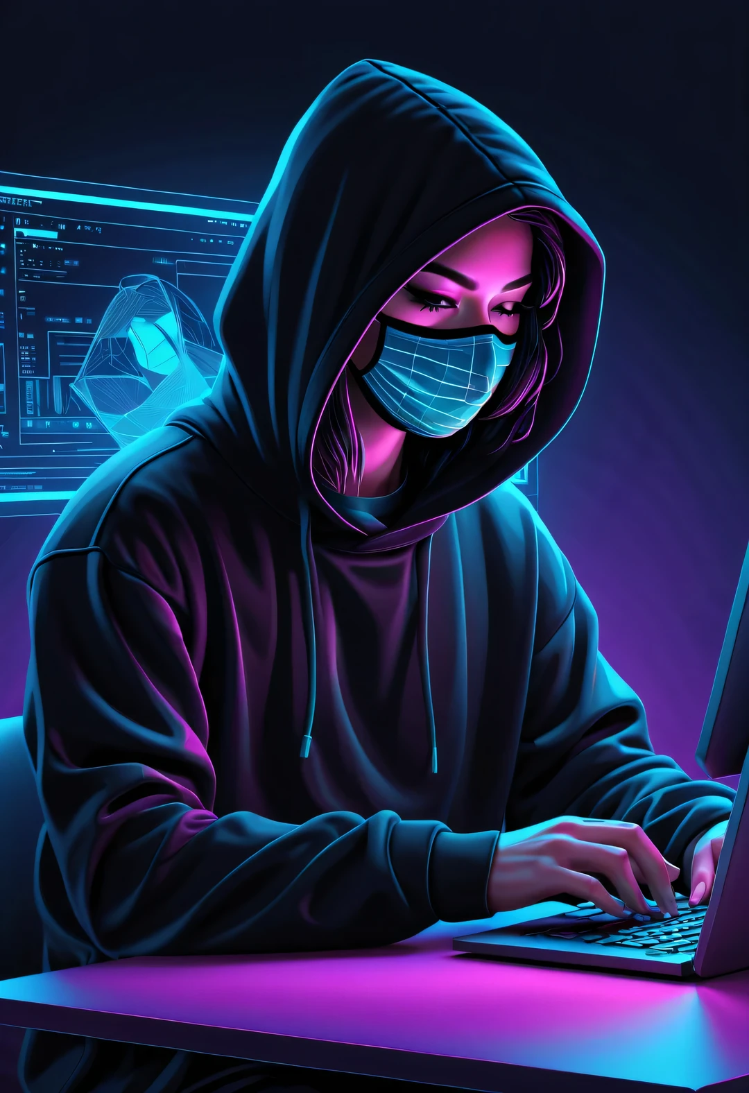 Vector illustration, Minimalism, digital ，vaporwave style, Beautiful detailed illustrations, Hacker wearing black hoodie and mask working on computer, T-shirt design, dramatic lighting, Trends on ArtStation, Award-winning, Icons are very detailed.