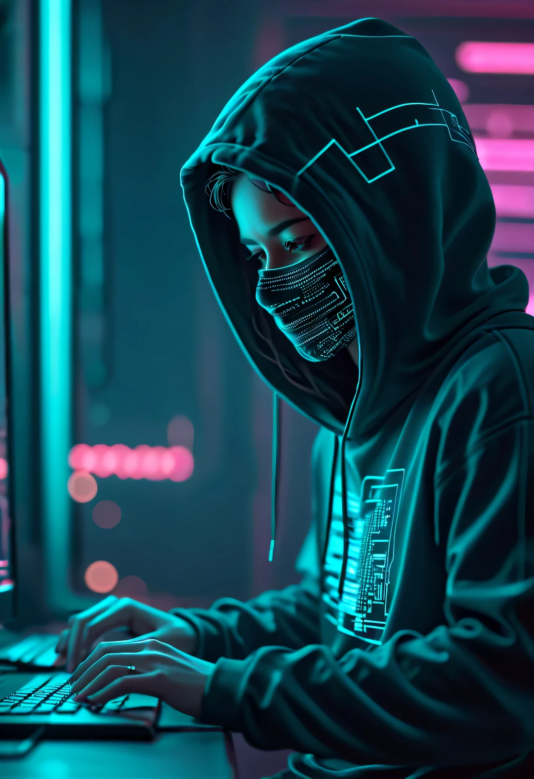 Vector illustration, Minimalism, digital ,vaporwave style, Beautiful detailed illustrations, Hacker wearing hoodie and mask working on computer, T-shirt design, dramatic lighting, Trends on ArtStation, Award-winning, Icons are very detailed