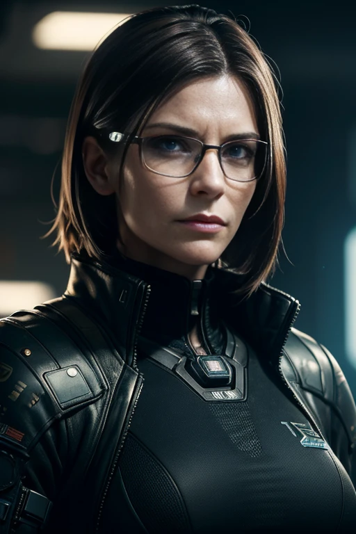 (cyberpunk military scientist:1) (1woman) dark theme :: focus on closeup face, curious face, Katee Sackhoff face, ultra realistic futuristic cyberpunk tall athletic woman, :: medium brown hair, futuristic glasses nerd :: inside cyberpunk office :: brown eyes :: natural lighting :: bokeh :: 8k :: best quality :: masterpiece :: insanely detailed:1.5
