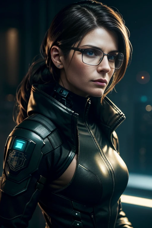 (cyberpunk military scientist:1) (1woman) dark theme :: focus on closeup face, curious face, Katee Sackhoff face, ultra realistic futuristic cyberpunk tall athletic woman, :: medium brown hair, futuristic glasses nerd :: inside cyberpunk office :: brown eyes :: natural lighting :: bokeh :: 8k :: best quality :: masterpiece :: insanely detailed:1.5