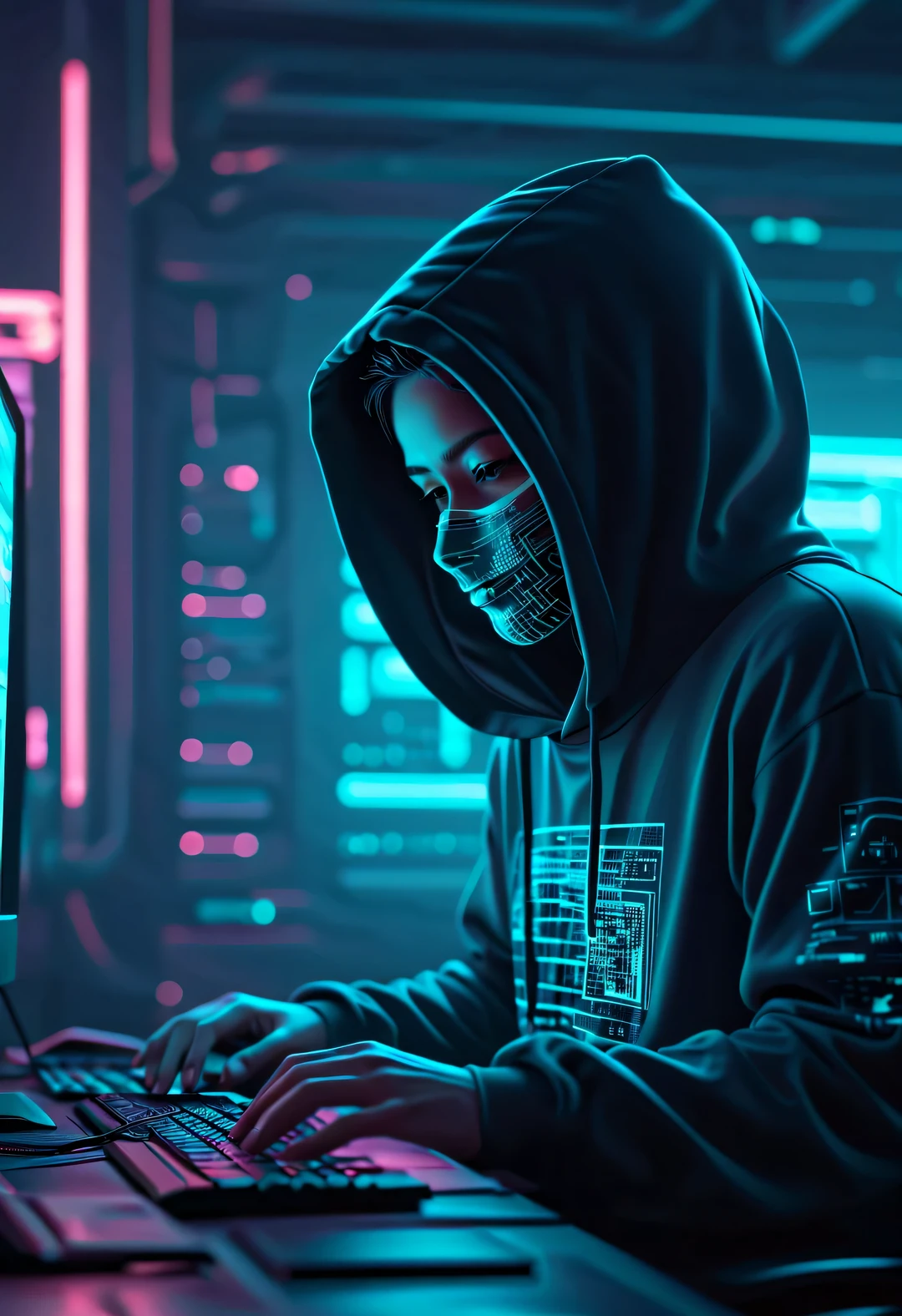 Vector illustration, Minimalism, digital ，vaporwave style, Beautiful detailed illustrations, Hacker wearing hoodie and mask working on computer, T-shirt design, dramatic lighting, Trends on ArtStation, Award-winning, Icons are very detailed