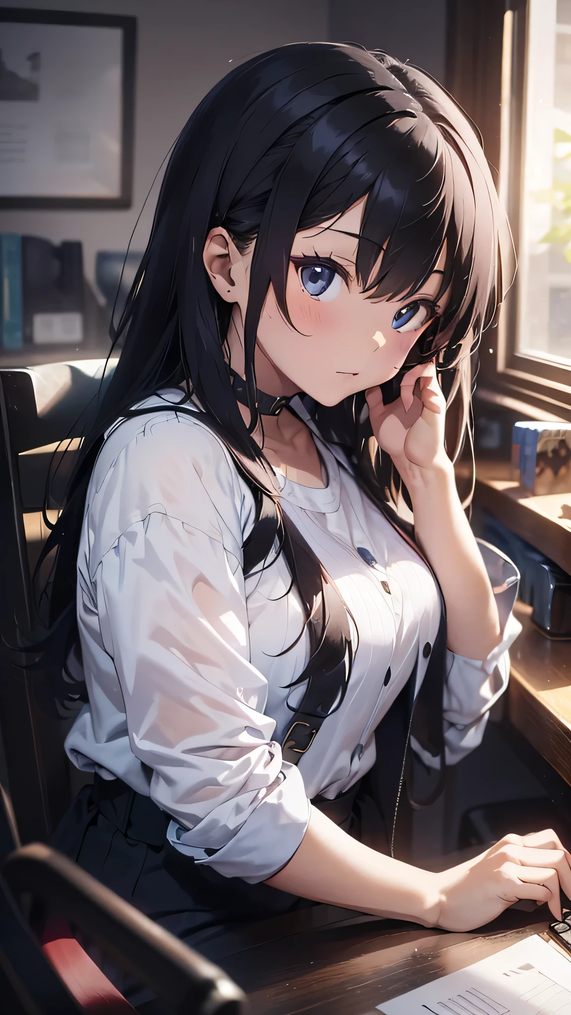 最high quality、best image quality、masterpiece、teenage girl((18-year-old、 By becoming、vest bust、medium bust,wide open breast tea、black eye, gray hair、long hair、thin,highest valley、Black Y-shirt、Black Recruit Suit,Have a document、face forward、sit on a chair、tired face、Using the computer、rest one&#39;s chin on one&#39;s chin、Dark circles in the eyes)),high quality、beautiful art、background((company office、Affairs machine、office chair、Laptop、Office at night))debris flies、Depth of written boundary、movie、visual art、perfect art、8K,genuine