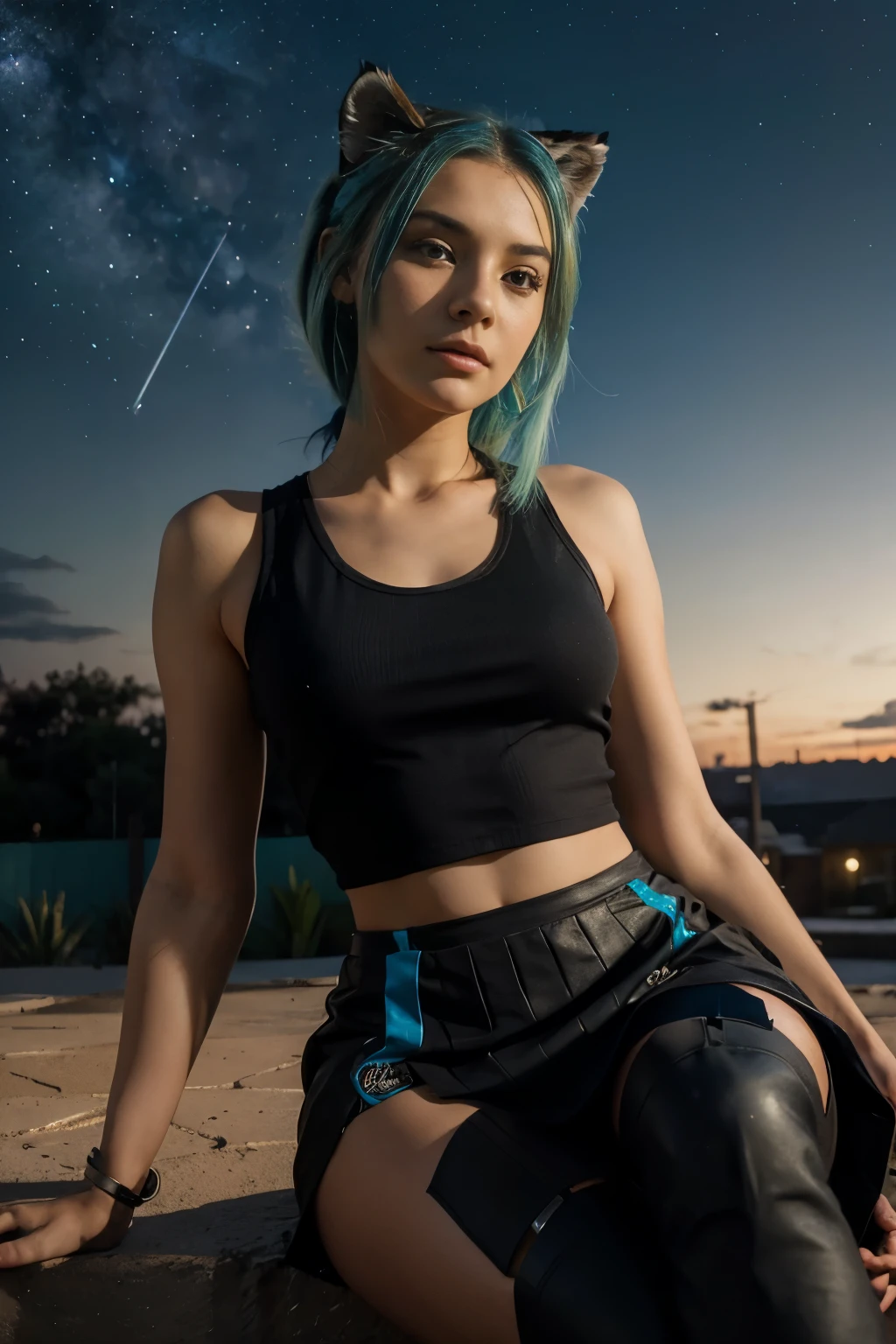 a gorgeous 20-year-old girl, half robot, with a bionic eye, green and blue hair, an athletic body, dressed in a black, short fitted skirt, a white, short tank top and an open red vest, looking at the sky with a look cradled, sitting down with a Bengal tiger standing quietly at her feet, and a black panther crouching next to her, and with the multi-colored starry sky behind