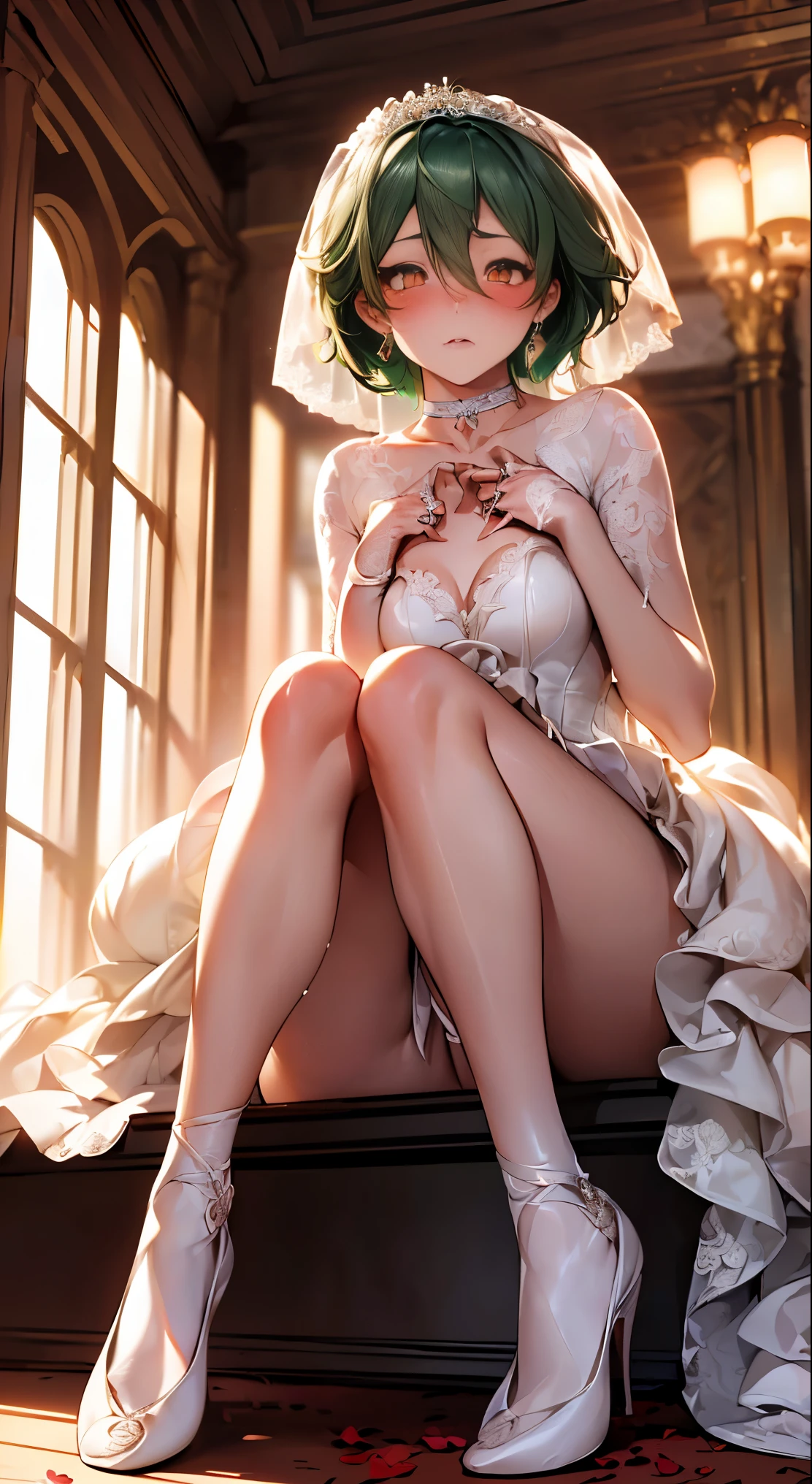 (masterpiece:1.2, highest quality), (realistic, photorealistic:1.4), beautiful illustrations,
looking at the viewer, whole body, Front view:0.6,
1 female, 24-years-old, Japanese, ((green hair:1.5, Ultra short hair:1.4)), bangs, hair between eyes, ((height: 166cm, medium breasts:1.6, toned waist, big ass))
beautiful hair, beautiful face, beautiful and detailed eyes, (orange eyes:1.3), beautiful clavicle, beautiful body, beautiful breasts, beautiful thighs, beautiful feet, beautiful fingers, perfect anatomy:1.3, perfect anatomy
(wedding hall)
((Wedding dress:1.5, choker:1.6)), black panties:1.6,
((Grasp the hem of the skirt with your right hand, Put your left hand on your chest, sit with legs apart:1.3)),
(Look at the viewer while blushing:1.3)