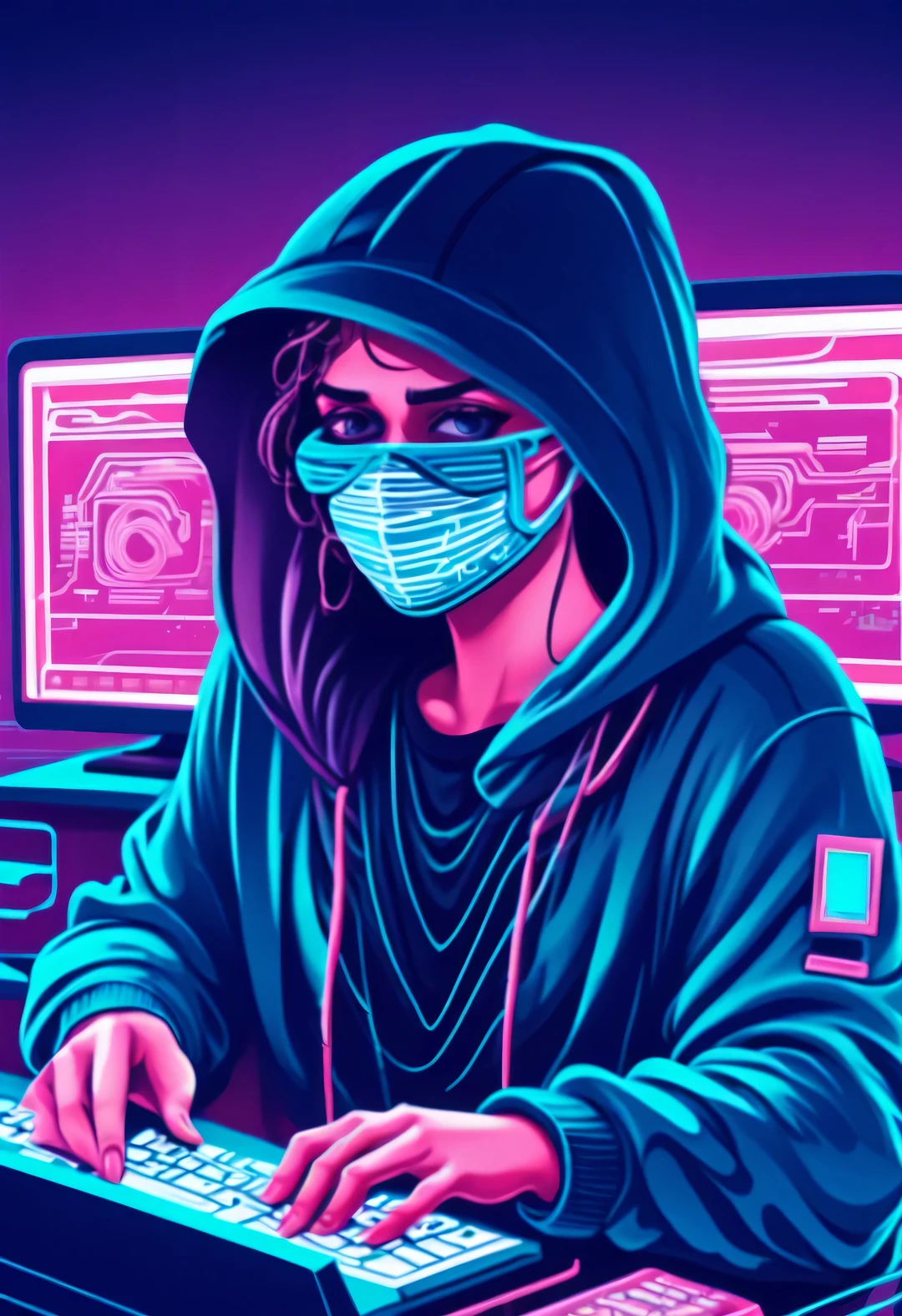 Vector illustration, Minimalism, digital ,vaporwave style, Beautiful detailed, illustration,
Hacker wearing hoodie and mask working on computer, T-shirt design, dramatic lighting, Trends on ArtStation, Award-winning, Icons are very detailed,