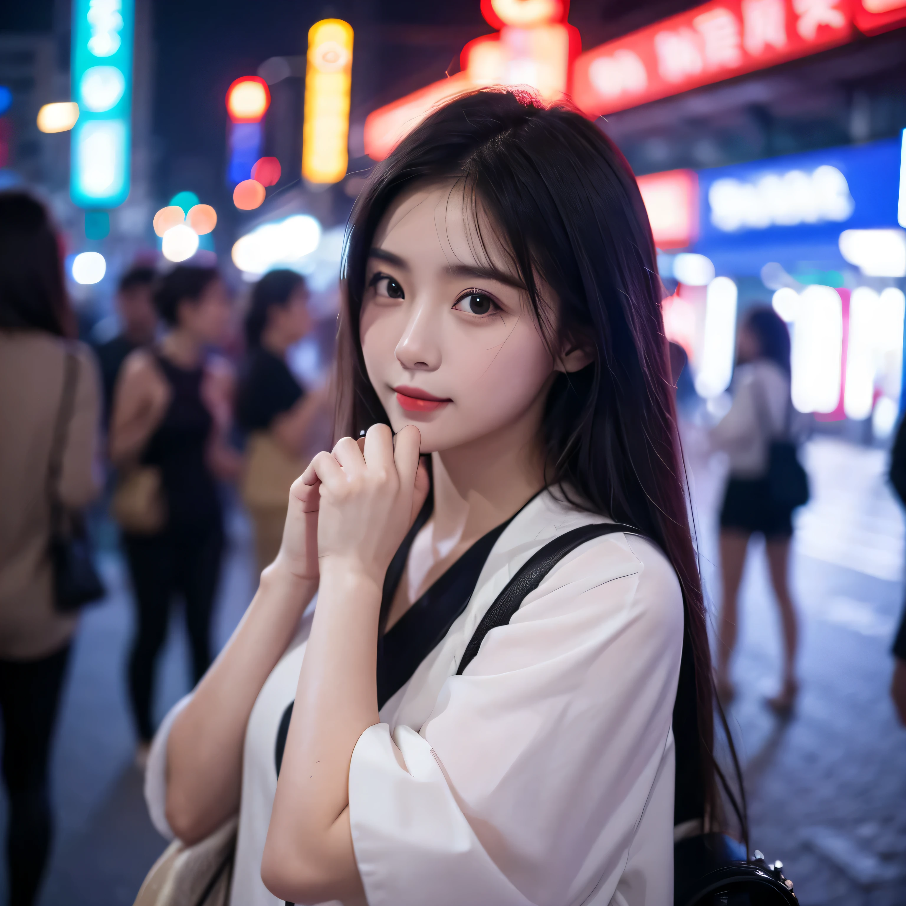 25 year old pure and sweet girl, Shanghai night street, Horizontal screen depth of field