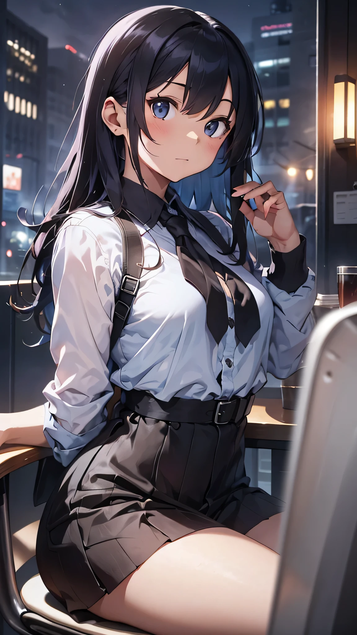 最high quality、best image quality、masterpiece、age girl((18-year-old、 By becoming、vest bust、medium bust,wide open breast tea、black eye, gray hair、long hair、thin,highest valley、Black Y-shirt、Black Recruit Suit,Have a document、face forward、sit on a chair、tired face、Using the computer、rest one's chin on one's chin、Dark circles in the eyes)),high quality、beautiful art、background((company office、Affairs machine、office chair、Laptop、Office at night))debris flies、Depth of written boundary、movie、visual art、perfect art、8K,genuine