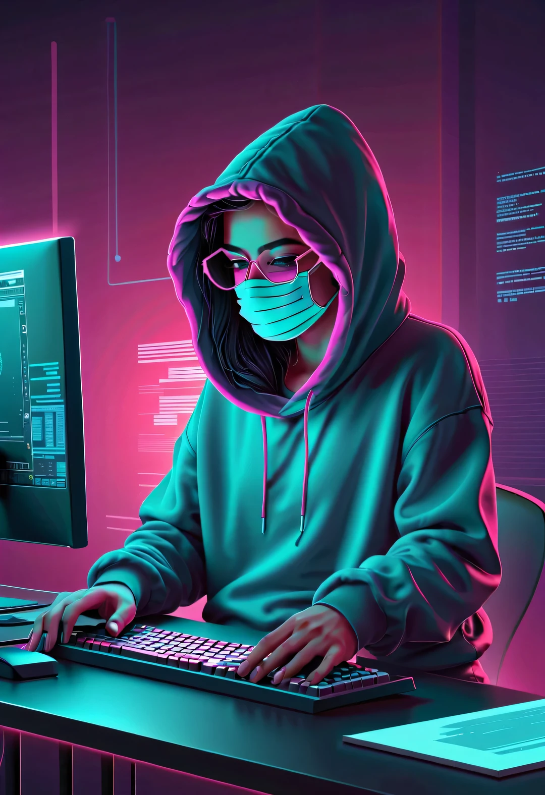 Vector illustration, Minimalism, digital ,vaporwave style, Beautiful detailed illustrations, Hacker wearing hoodie and mask working on computer, T-shirt design, dramatic lighting, Trends on ArtStation, Award-winning, Icons are very detailed