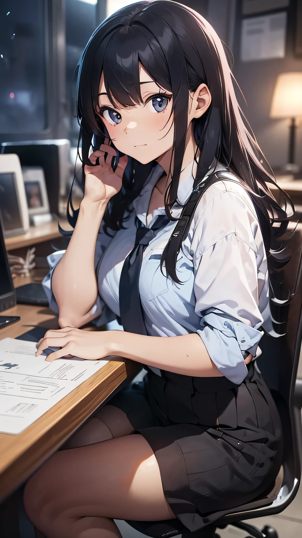 最high quality、best image quality、masterpiece、teenage girl((18-year-old、 By becoming、vest bust、medium bust,wide open breast tea、black eye, gray hair、long hair、thin,highest valley、Black Y-shirt、Black Recruit Suit,Have a document、face forward、sit on a chair、tired face、Using the computer、rest one's chin on one's chin、Dark circles in the eyes)),high quality、beautiful art、background((company office、Affairs machine、office chair、Laptop、Office at night))debris flies、Depth of written boundary、movie、visual art、perfect art、8K,genuine